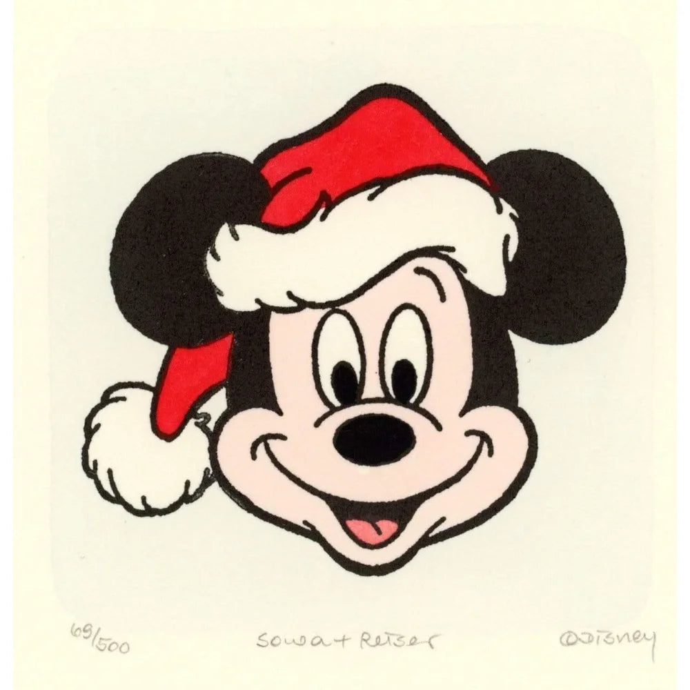 Hand Painted Mickey Mouse Sowa & Reiser #D/500 Limited Edition Cartoon Etching Art - Santa Claus Collectible - Perfect for Disney Fans, Christmas Decor & Art Lovers