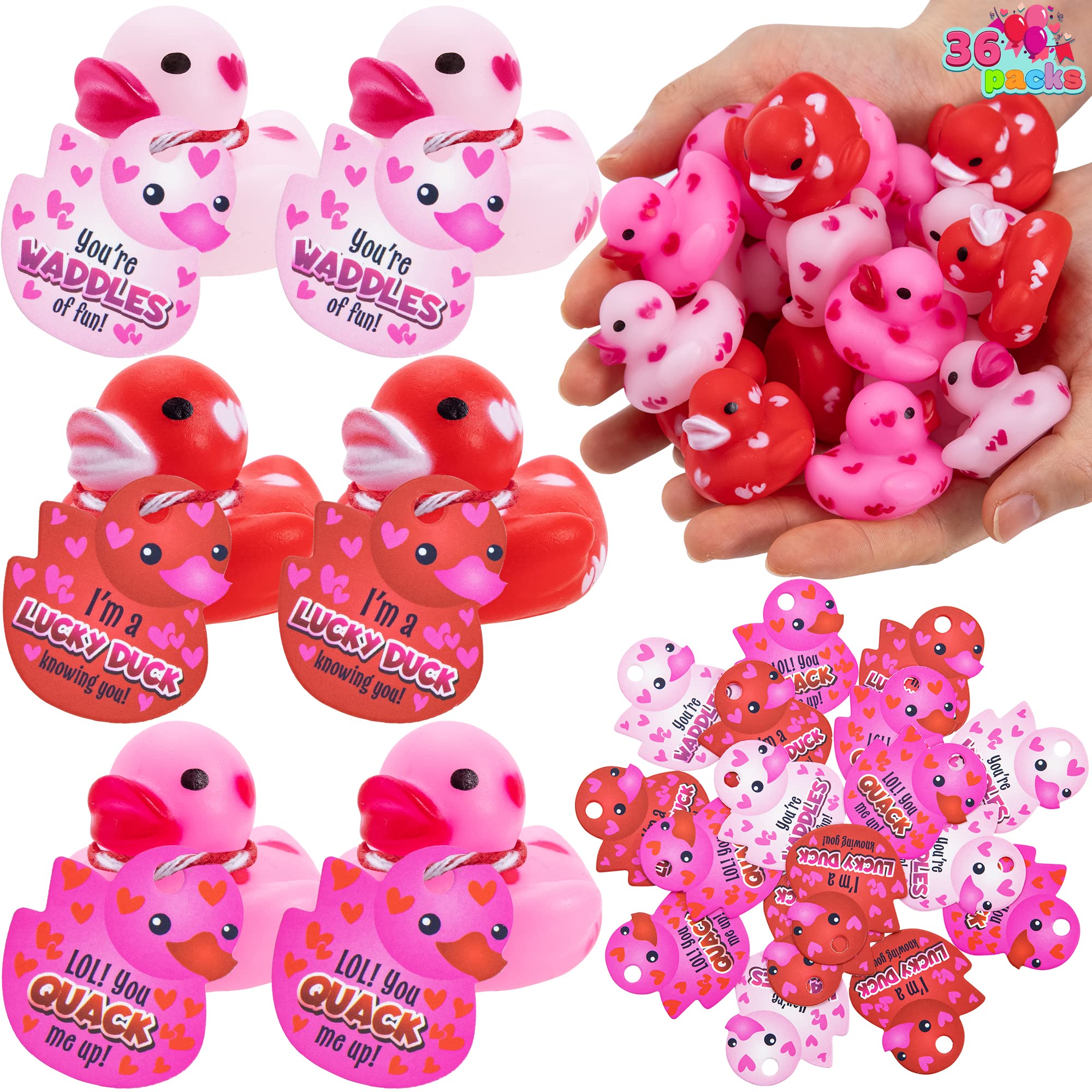 JOYIN 36 Pcs Valentine's Day Mini Rubber Duck Toys with Gift Cards - 1.1 Inch Small Duckies with Card Tags - Perfect for Bath Time, Classroom Prizes, Party Favors & Valentine's Gifts