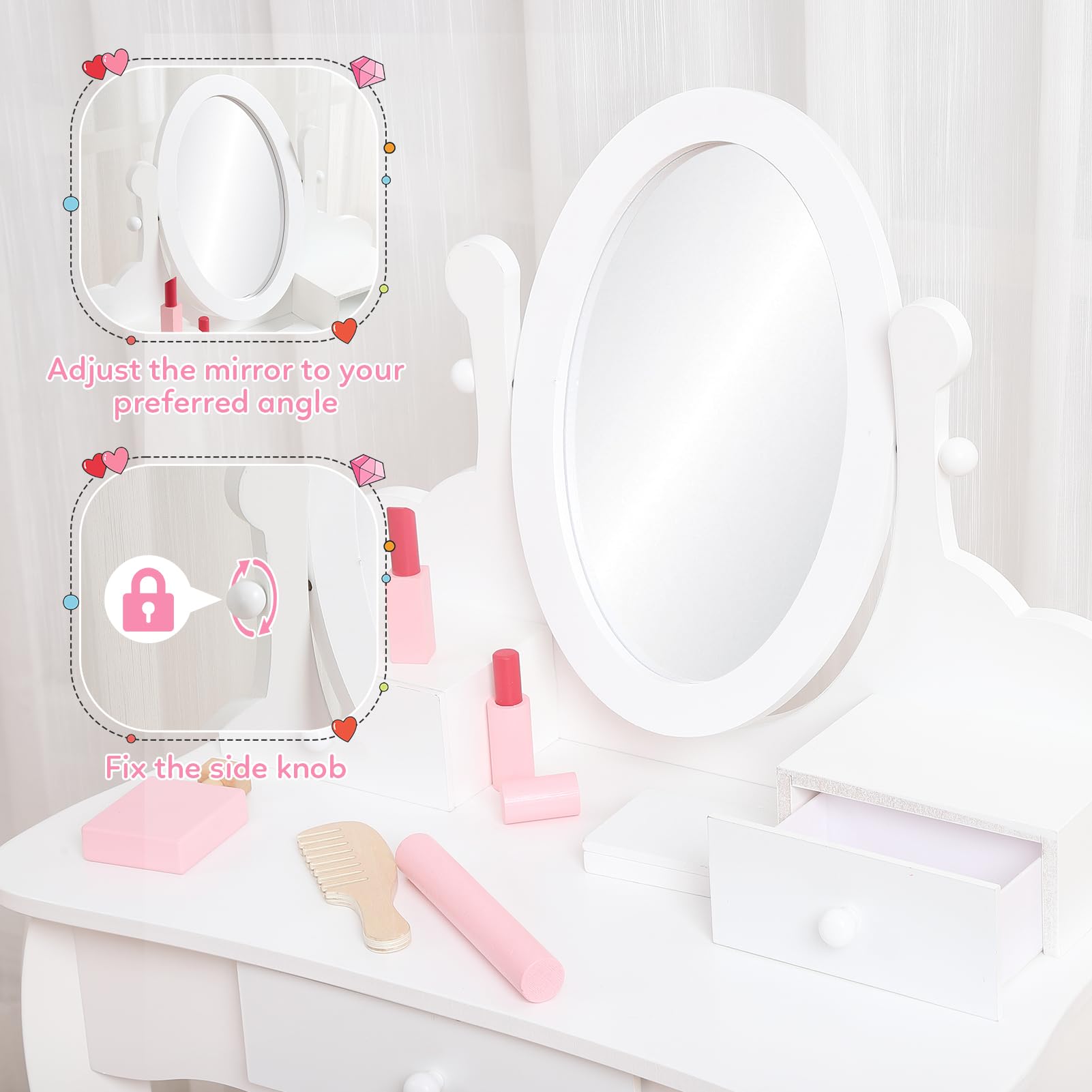 **White Wooden Kids Vanity Set with Mirror, Makeup Table & Stool - Princess Dress-Up Play Set for Girls Ages 4-9 - Perfect for Birthday Gifts, Pretend Play & Bedroom Decor**
