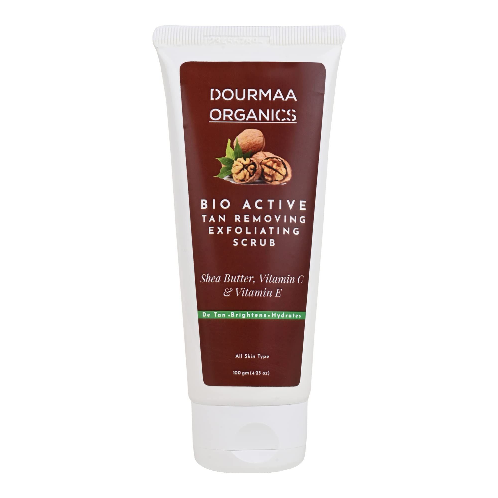 Dourmaa Organics Bio Active Tan Removing & Exfoliating Scrub with Shea Butter & Vitamin C - Brightens, Lightens Skin & Removes Dirt - Unisex Facial & Body Scrub - 100g - Perfect for Post-Sun Care & Daily Glow Routine