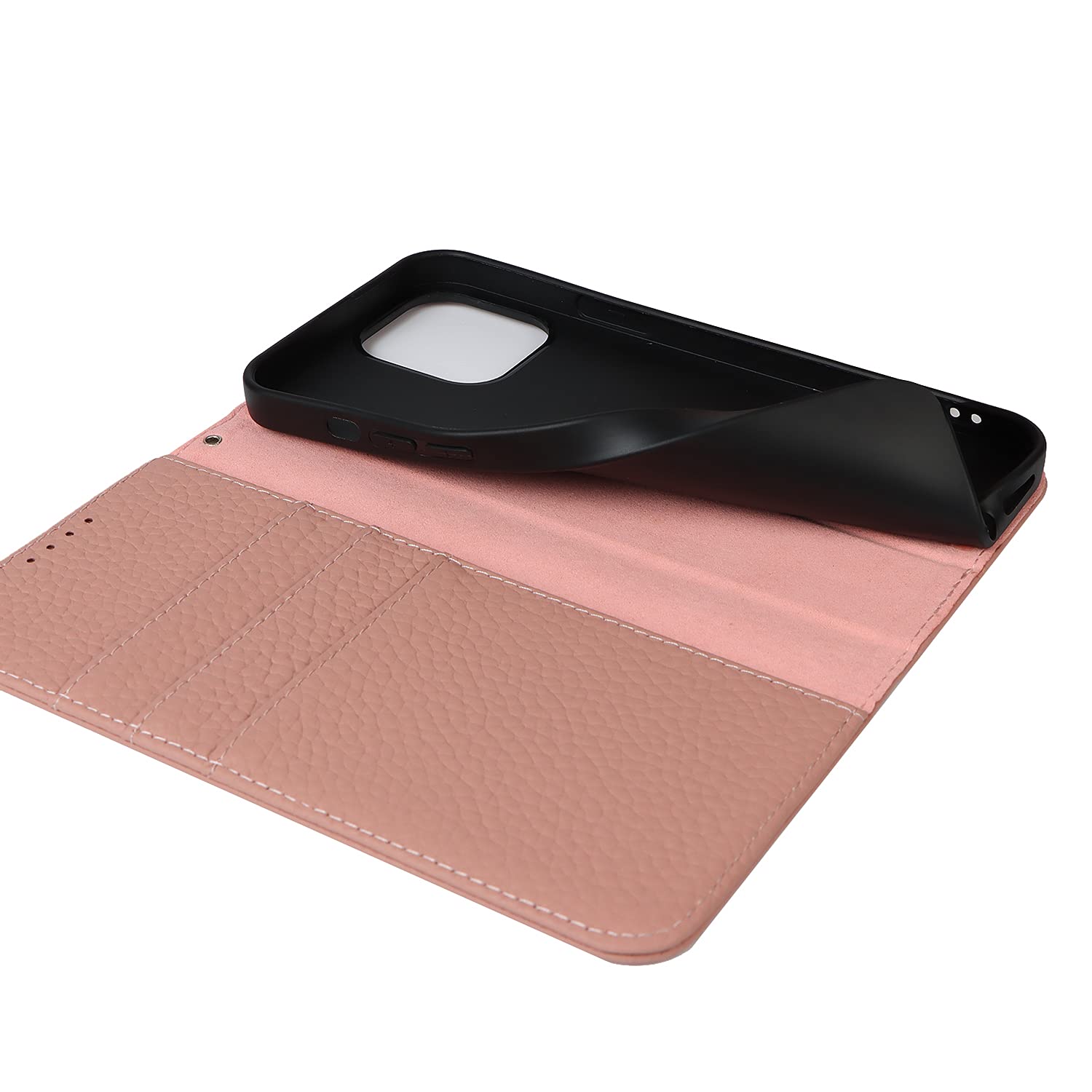 Luxury Litchi Grain Genuine Leather Wallet Case for iPhone 13 Pro Max with Card Holder, Wrist Strap & Kickstand - Folio Flip Phone Cover for Women (Pink) | Perfect for Business, Travel & Everyday Use