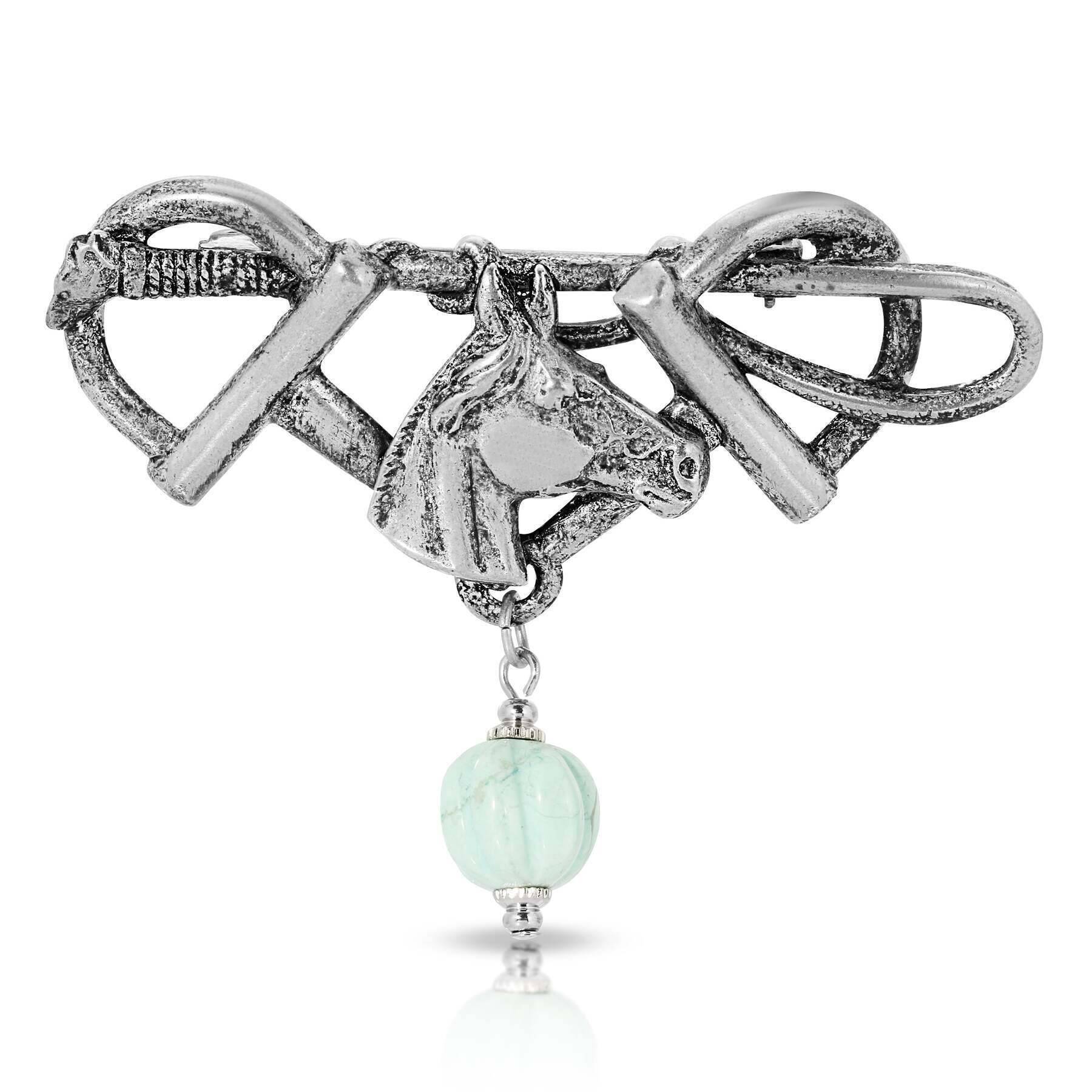1928 Vintage Horse Head & Stirrups Turquoise Gemstone Brooch Pin - Western Jewelry for Cowgirl Fashion & Equestrian Gift Ideas