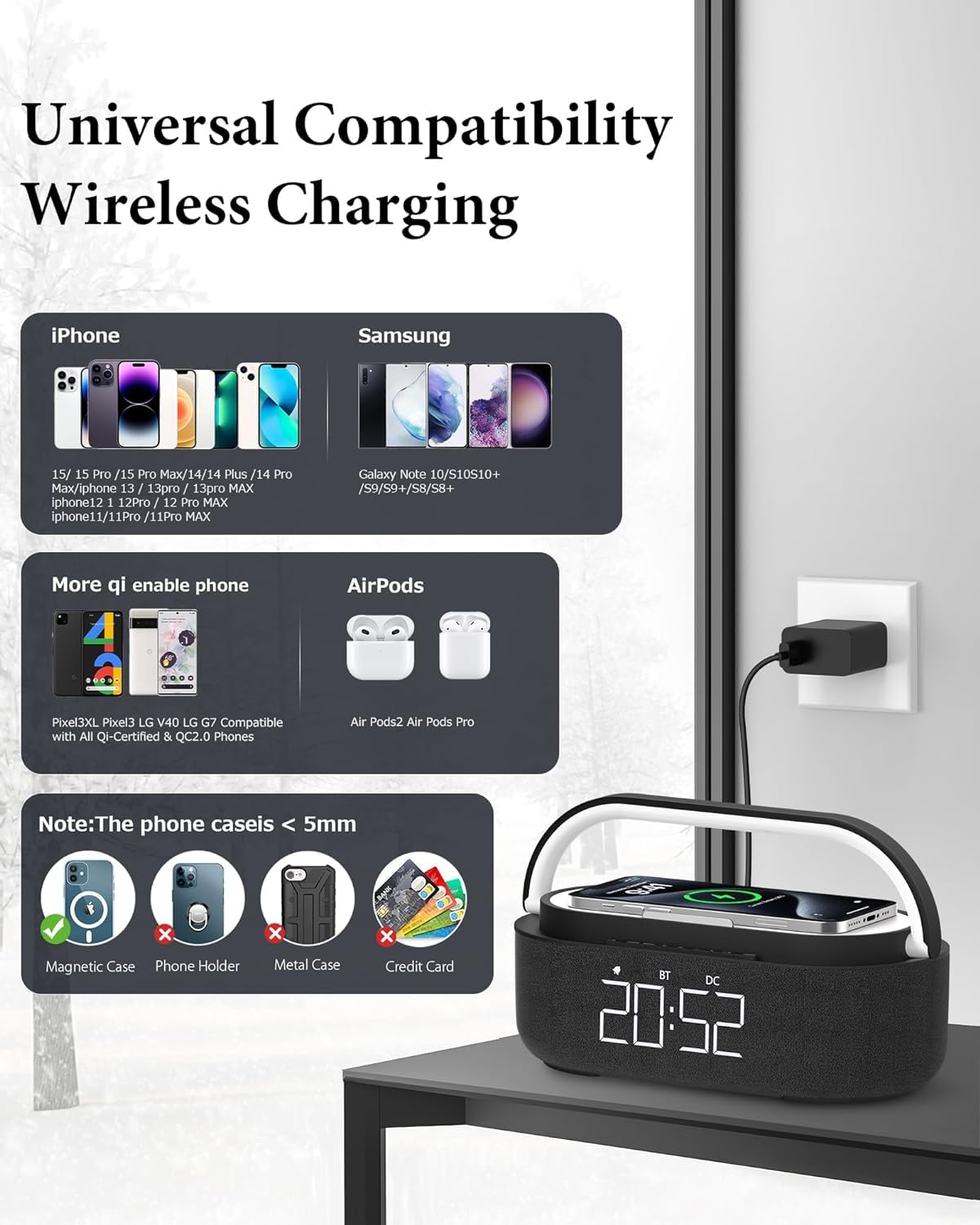 COLSUR Wireless Charging Digital Alarm Clock Radio - FM Radio, Bluetooth Speaker, USB Charging Port, LED Display, Phone Stand with Night Light | Perfect for Bedroom, Office, and Travel