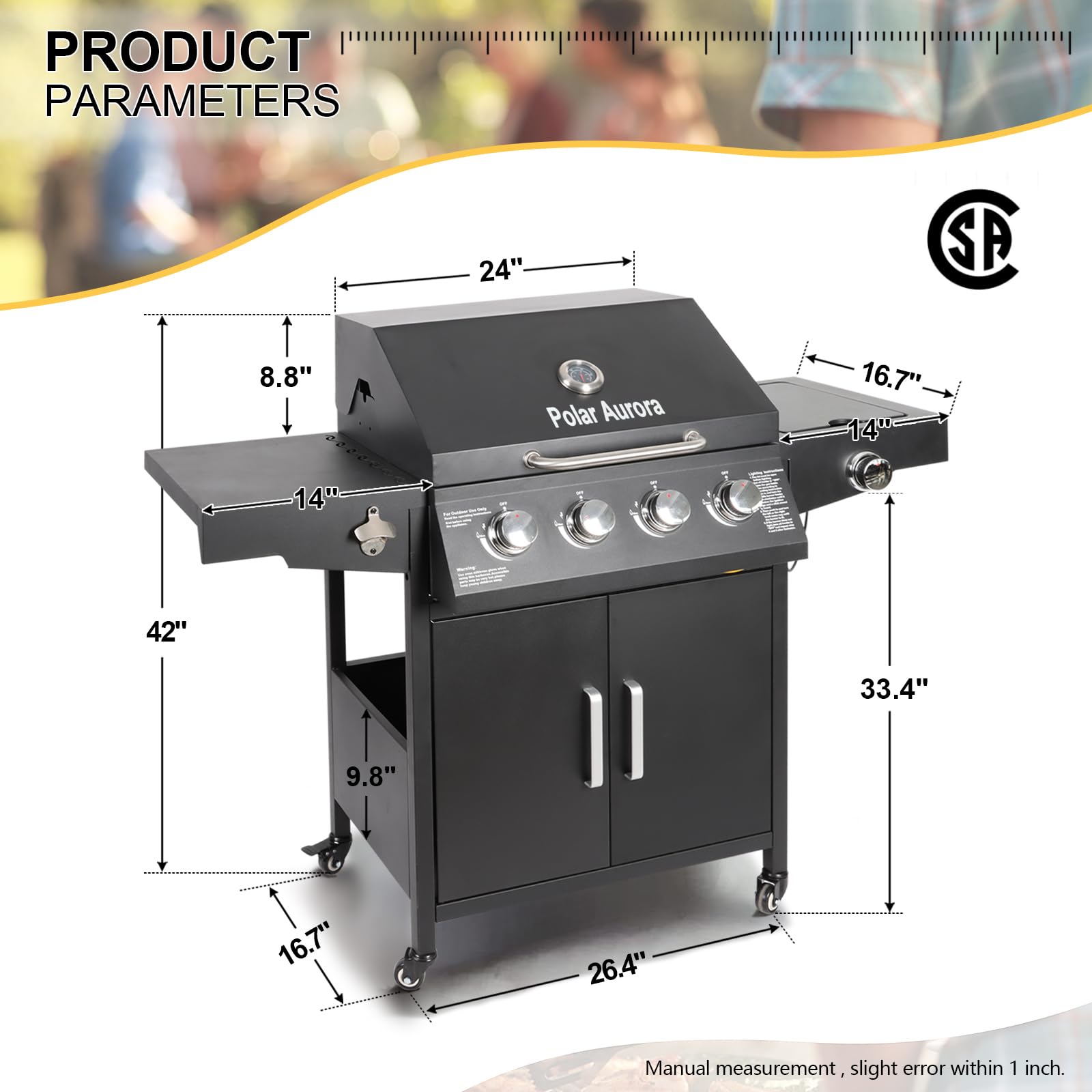 **4-Burner Propane Gas Grill with Side Burner - Freestanding Outdoor BBQ Grill Cart with Wheels for Backyard, Garden, and Patio Cooking - Black**