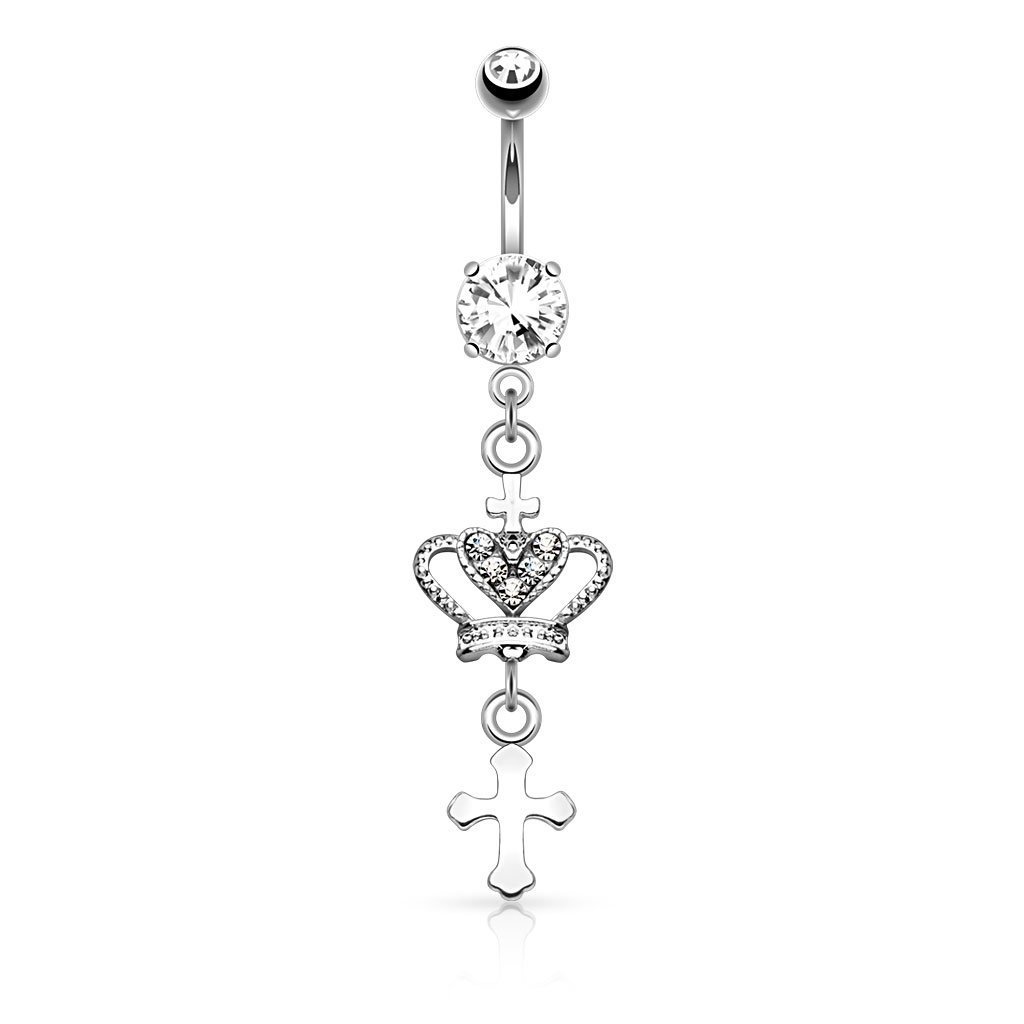 Heart CZ Crown Cross Dangle Navel Ring - Belly Jewelry for Parties & Events