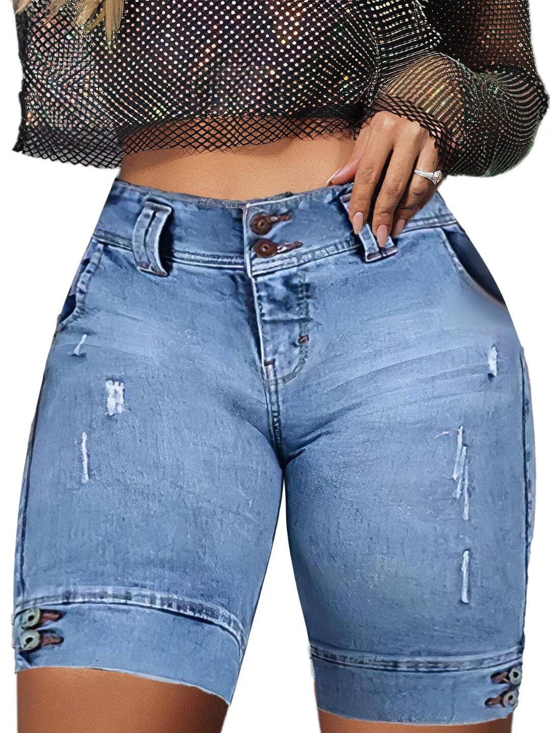 Flamingals High Waist Ripped Denim Bermuda Shorts for Women - Butt Lifting Skinny Jean Shorts | Trendy Distressed Denim Shorts for Summer, Casual Outfits & Beach Wear