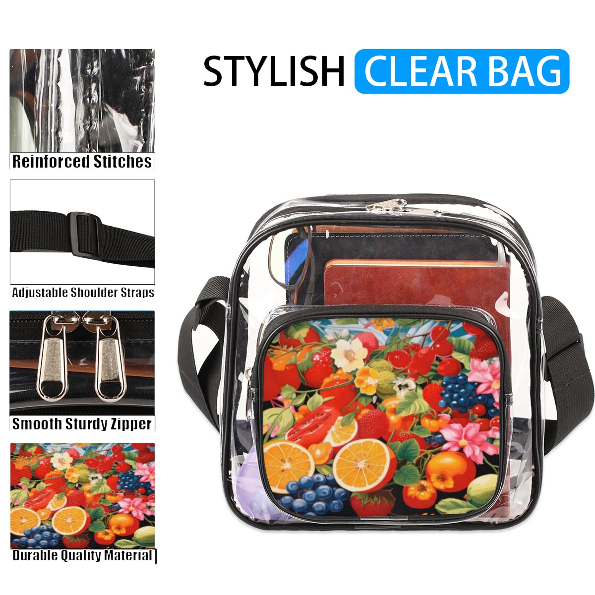 Stunning Fruit Print Clear Crossbody Purse - Stadium Approved Transparent Bag for Women & Men | Perfect for Music Festivals, Sports Games & Concerts