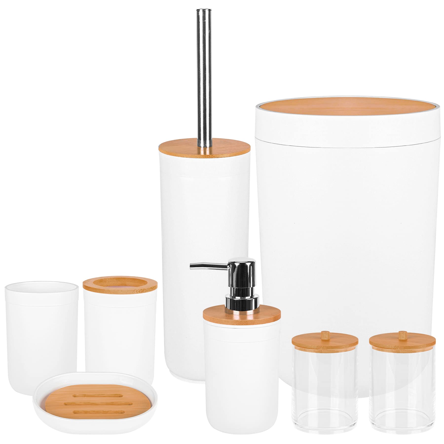 8-Piece Bathroom Accessories Set - Plastic Toothbrush Holder, Soap Dispenser, Toilet Brush Holder, Trash Can & More - White - Perfect for Home, Hotel & Apartment Bathroom Organization