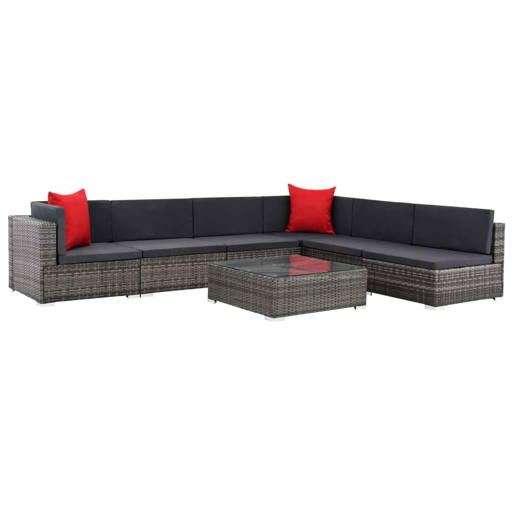 7-Piece Gray Poly Rattan Patio Sofa Set with Cushions & Table - Outdoor Sectional Couch for Backyard, Garden, or Poolside Relaxation