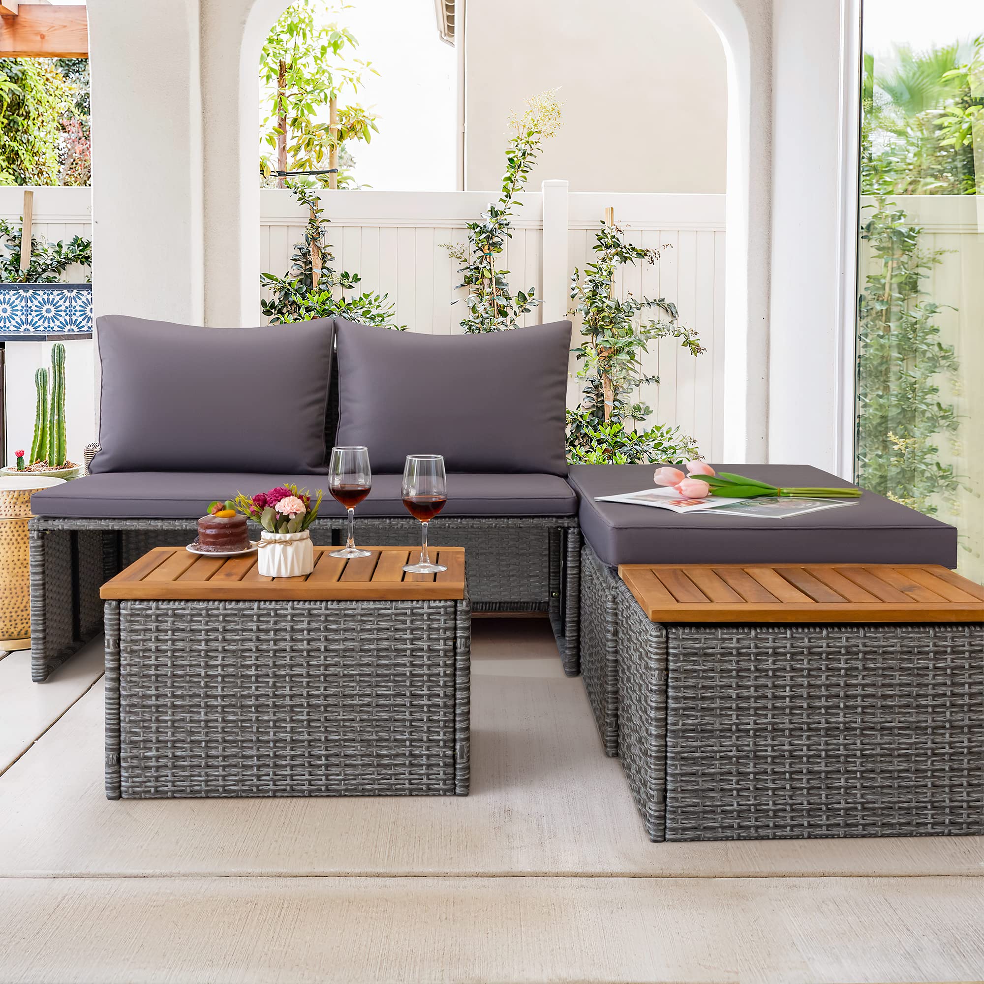 Greesum 7-Piece Outdoor Patio Furniture Set, Multifunctional Wicker Sectional Sofa with Cushions, Chaise Lounge, Storage Ottoman & 2 Side Tables - Perfect for Backyard, Porch, Poolside, Garden & Lawn (Gray)