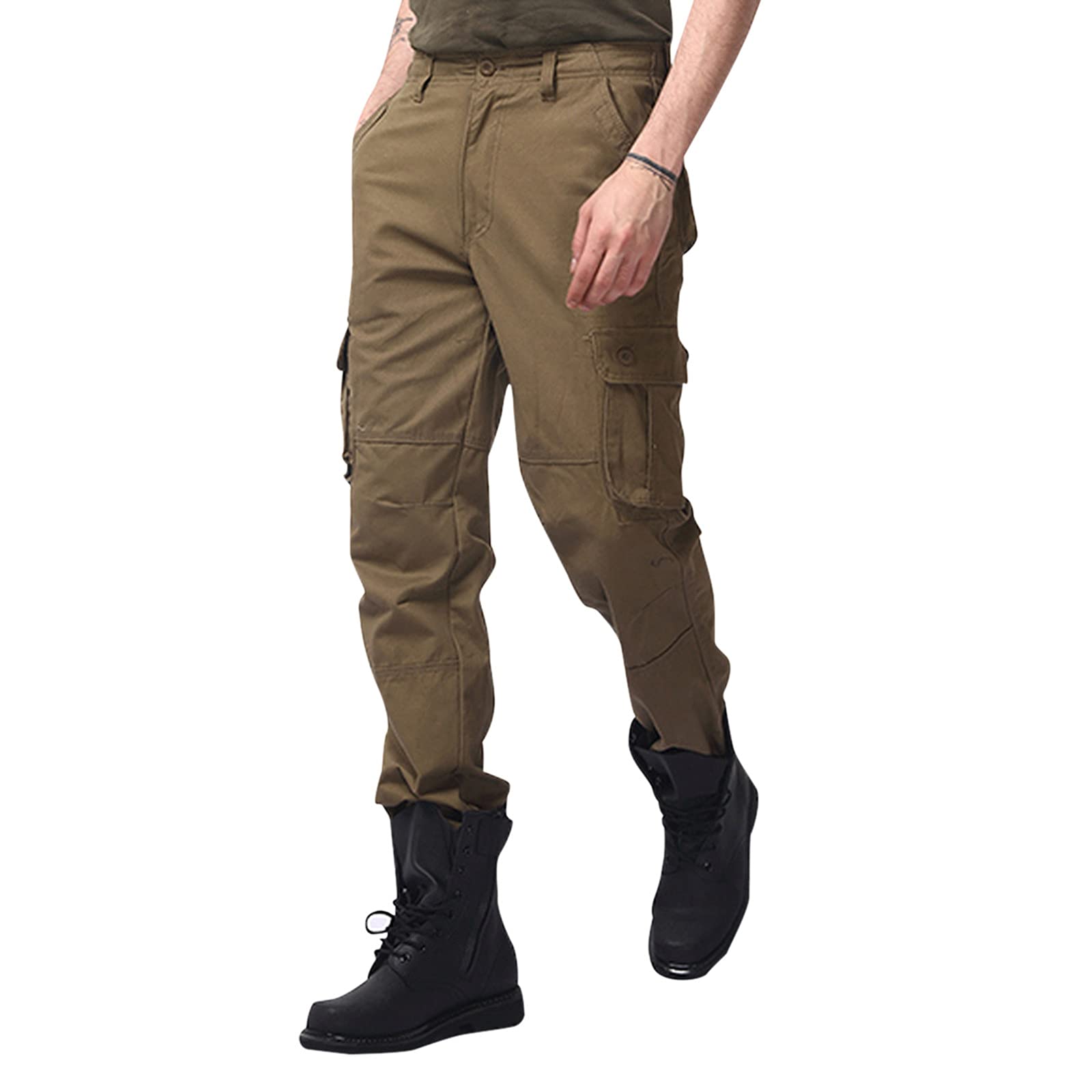 Men's Long Cargo Pants with Multiple Pockets - Solid Color Outdoor Trousers, Loose Fit Straight Leg Casual Pants for Hiking, Work & Streetwear