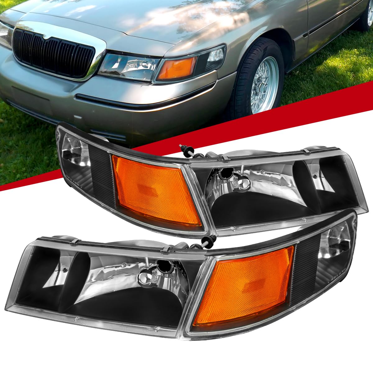 98-02 Mercury Grand Marquis Black Crystal Headlights with Clear Corner Signal Lamps - High Performance LED Replacement for Improved Night Visibility | Perfect for Street Racing, Car Shows & Night Driving