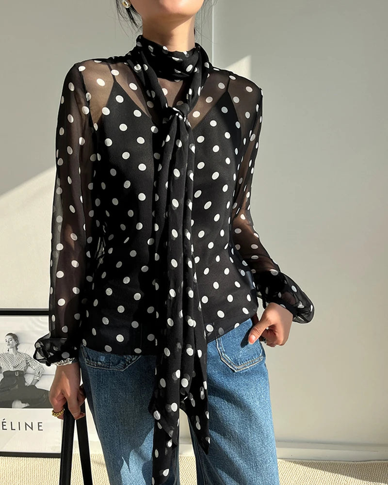 Elegant Sheer Polka Dot Silk Blouse for Women - Breathable & Comfortable Party Wear - Perfect for Office, Date Night & Special Occasions