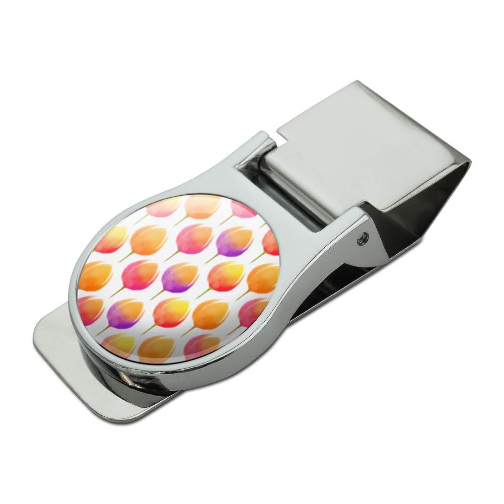 Elegant Watercolor Tulip Design Satin Chrome Plated Metal Money Clip - Perfect Gift for Men, Wedding Present, Cash Holder for Special Occasions