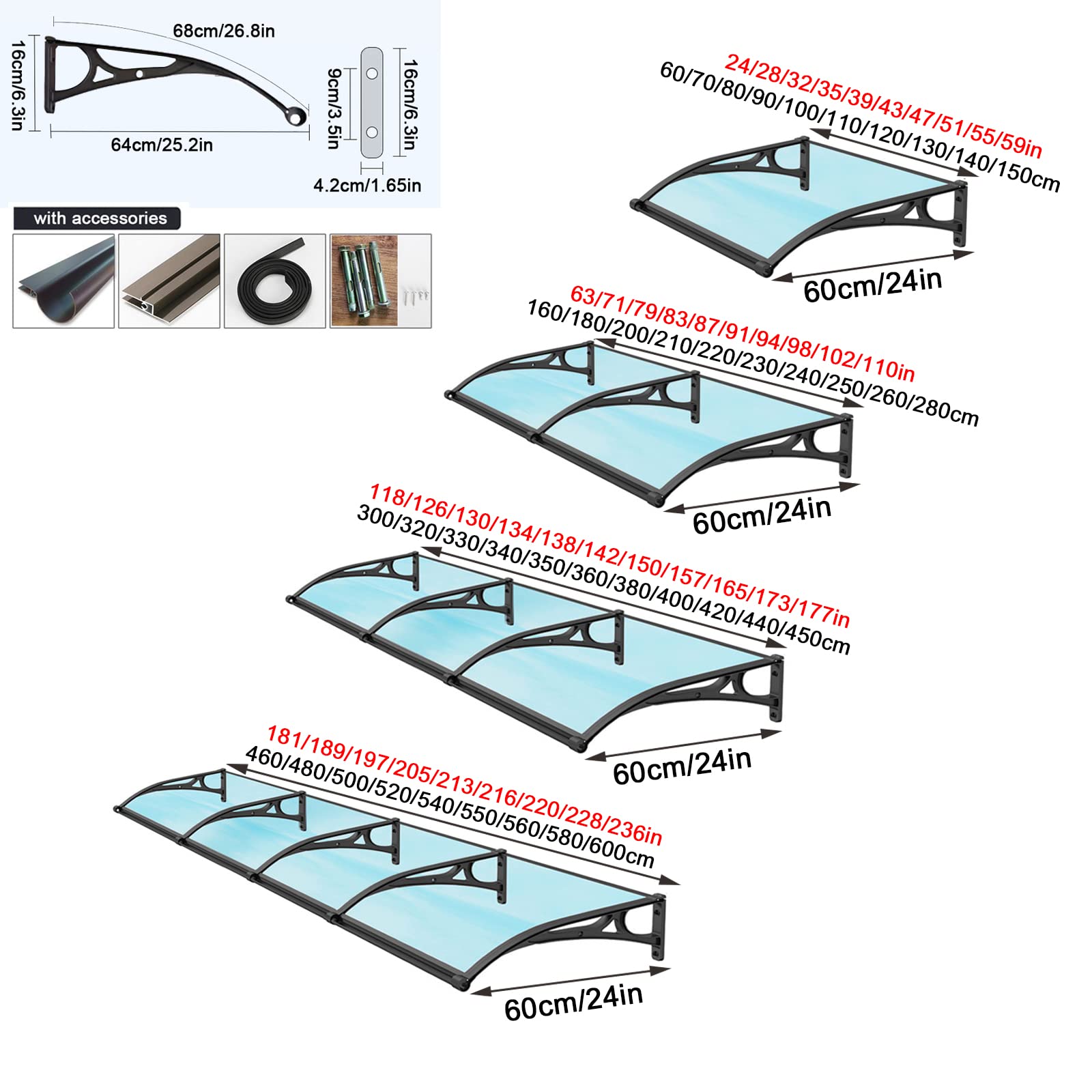 Durable Outdoor Polycarbonate Window & Door Awning - Black Aluminum Frame Patio Canopy - UV, Rain & Snow Protection (24x39 Inches) - Perfect for Front Porch, Deck & Garden Shelter