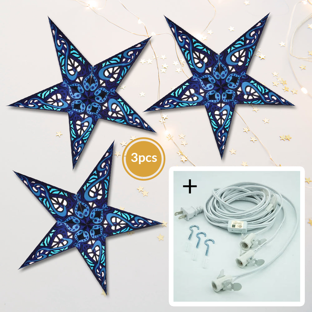 3 Pack Blue Trance Illuminated Paper Star Lanterns with LED Bulbs & Lamp Cord - Hanging Decor for Bedroom, Party, Wedding & Outdoor Lighting