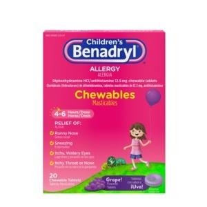 Children's Benadryl Allergy Relief Chewable Tablets - Grape Flavor, 20 Count - Fast-Acting for Kids' Allergies, Itchy Eyes & Runny Nose - Perfect for Travel & Outdoor Activities