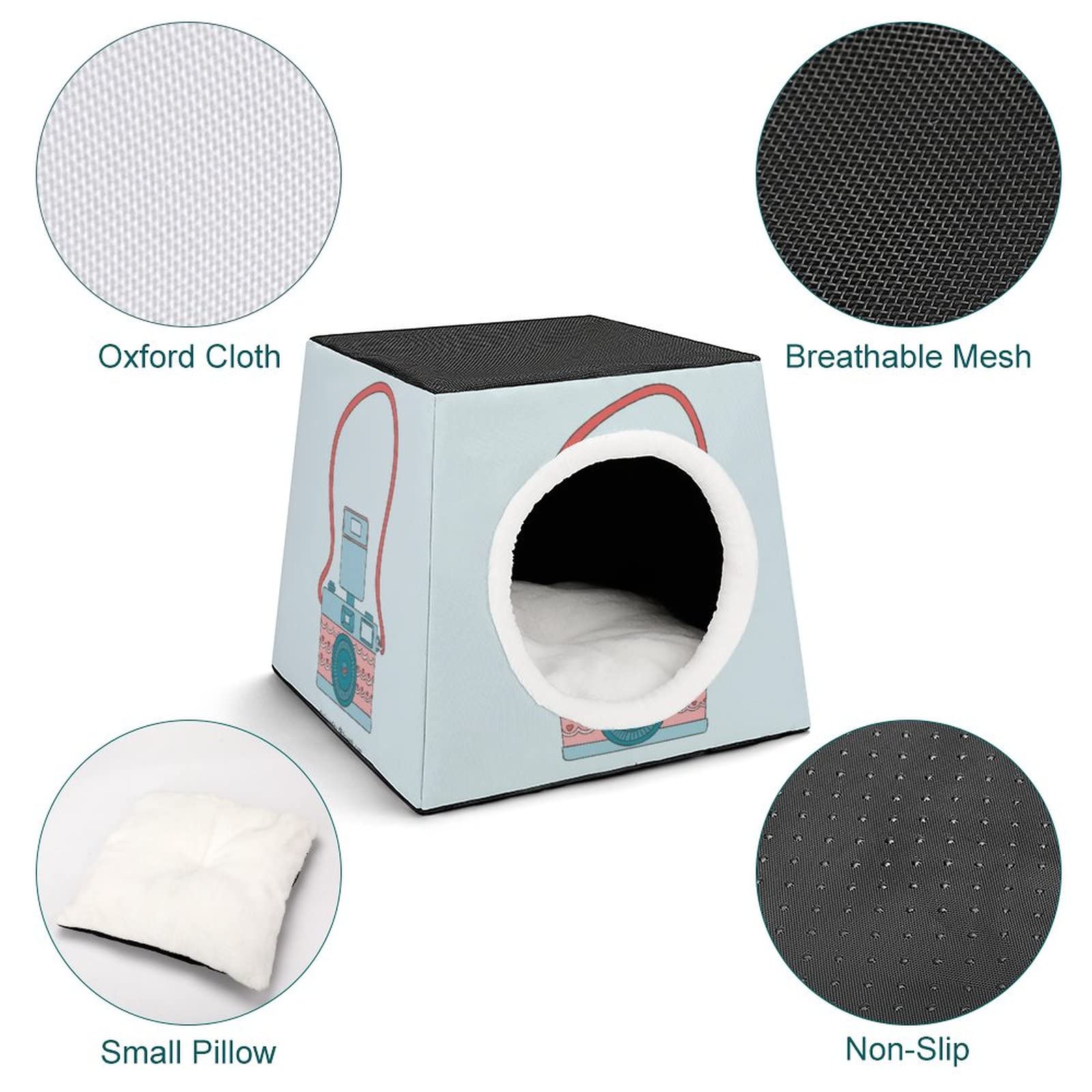 Printed Cat Houses & Condos - Foldable Cat Cube Bed with Removable Pillow - Cute Camera Cartoon Design for Indoor Cats - Perfect for Living Room, Bedroom or Office Pet Furniture