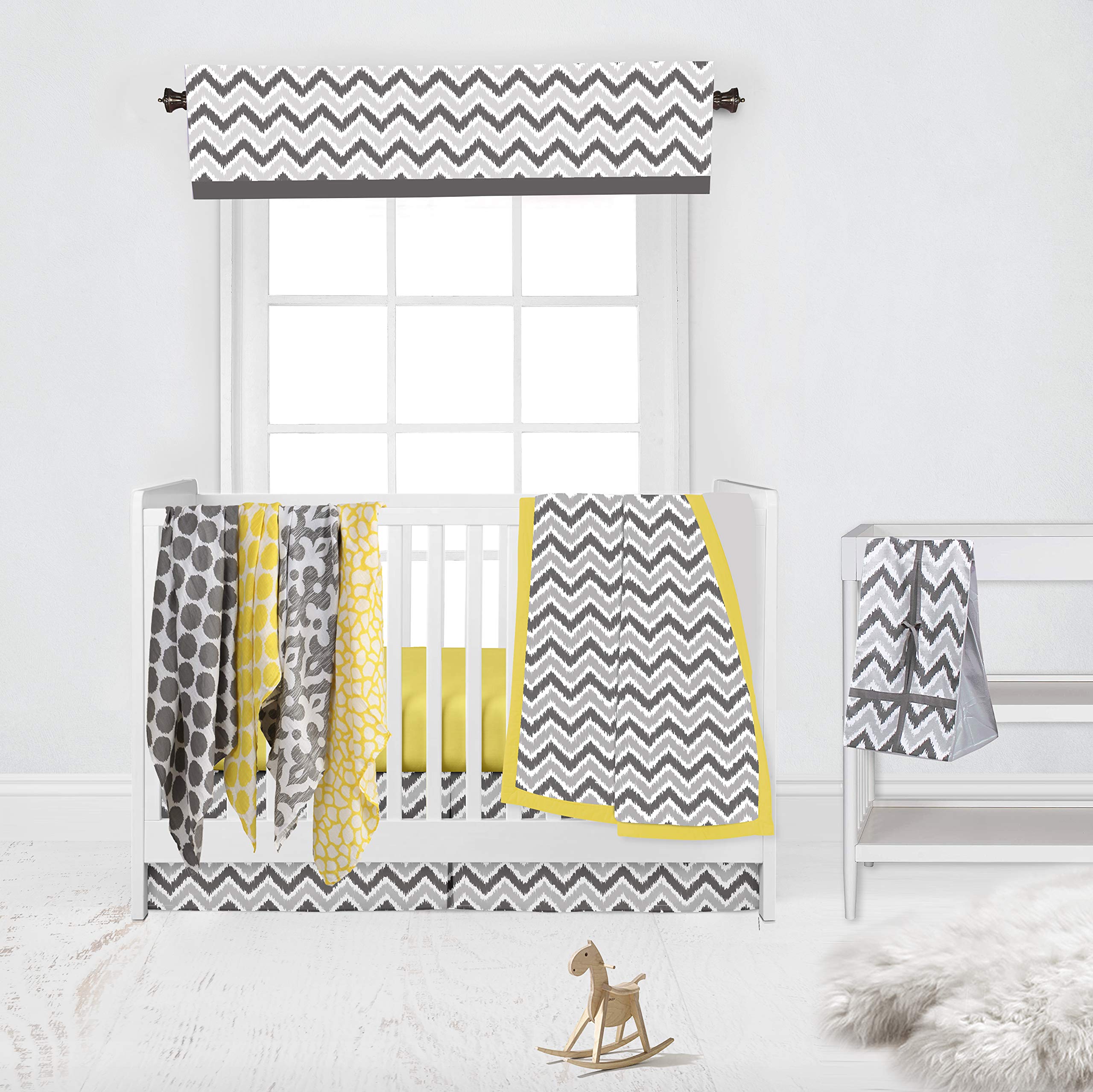 Bacati Yellow Grey Ikat Chevron Muslin 10-Piece Neutral Crib Set with 4 Swaddle Blankets for Standard US Crib | Soft Baby Bedding for Nursery, Newborn Essentials & Shower Gifts