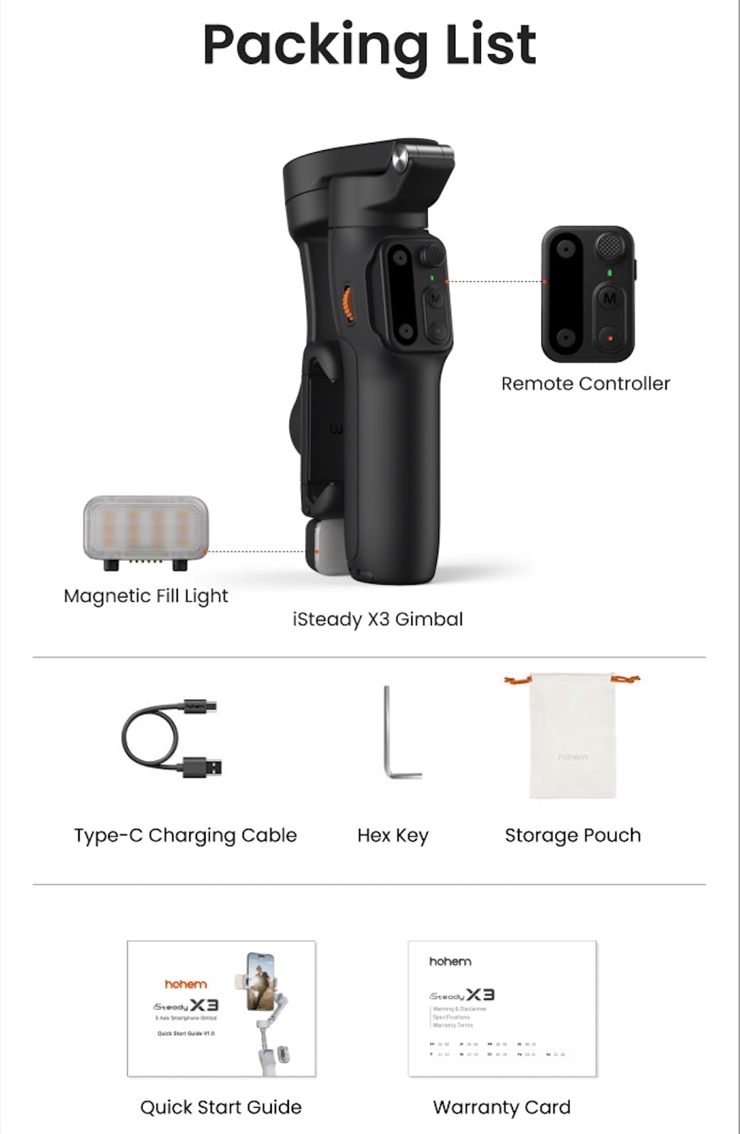 Hohem iSteady X3 3-Axis Smartphone Gimbal Stabilizer for iPhone - AI Tracking, Foldable Design with 3-Color Fill Light, Detachable Remote & Built-in Tripod | Perfect for Vlogging, Live Streaming & Content Creation