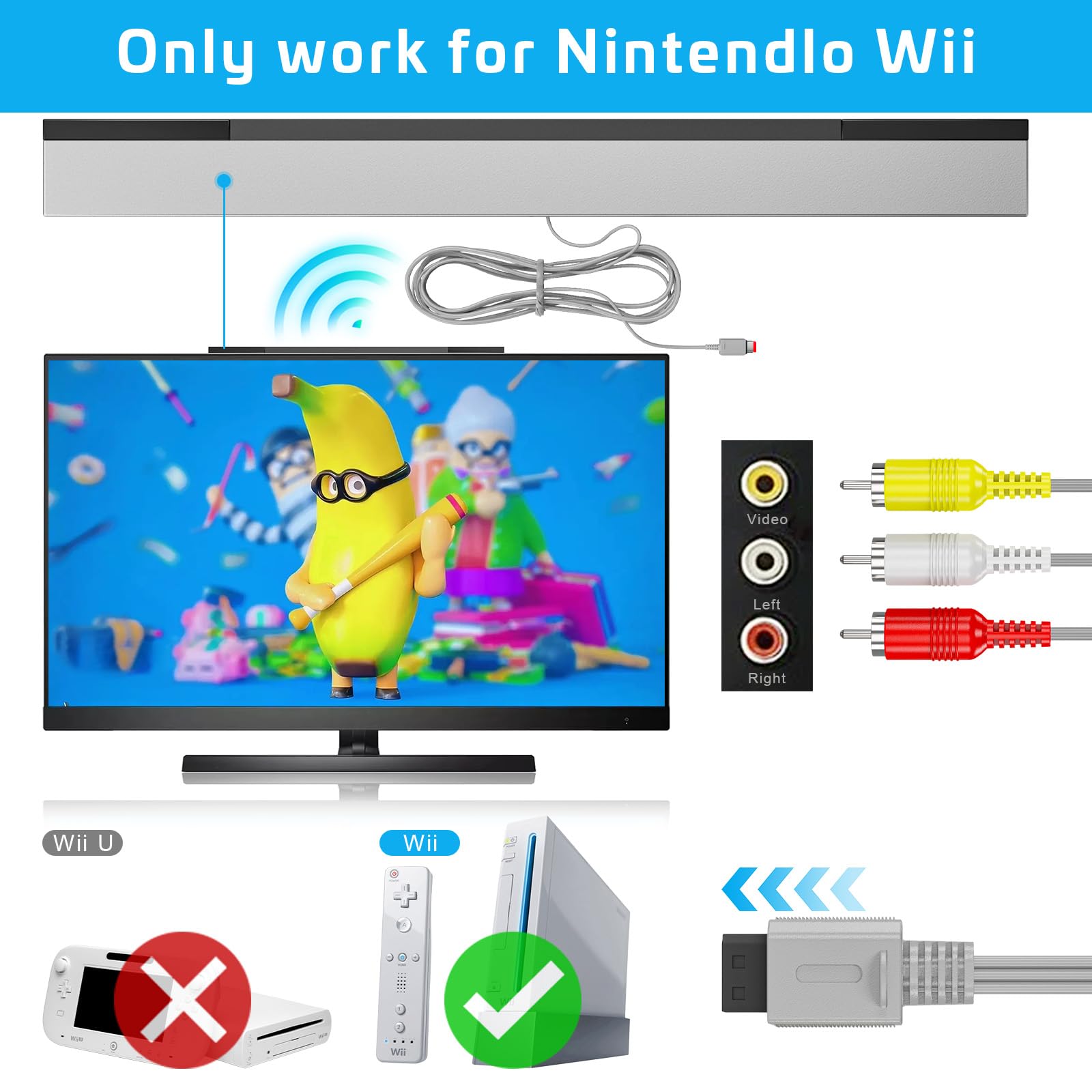 3-in-1 Wii Wired Motion Sensor Bar with AC Power Adapter & AV Cable - Compatible with Nintendo Wii (Not Wii U) | Perfect for Gaming Setup & Home Entertainment System