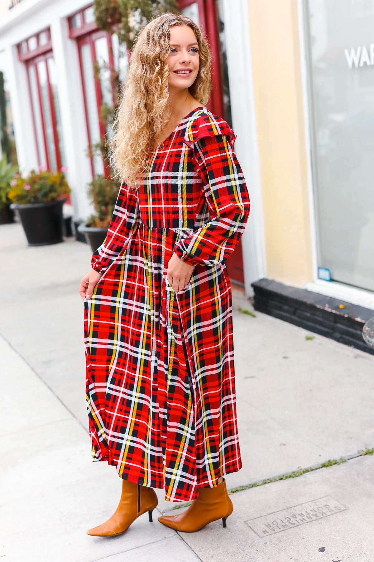 Stylish Red Plaid Fit & Flare Midi Dress with Ruffle Details - Perfect for Holiday Parties, Date Nights & Office Wear