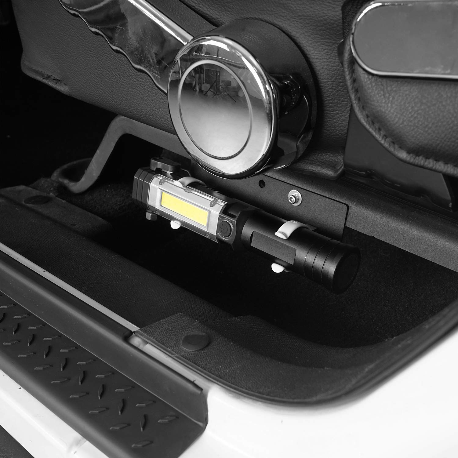 Hooke Road Universal Flashlight Holder Mount for 2011-2018 Jeep Wrangler JK & Unlimited (Sport, Sahara, Rubicon) - Heavy Duty Tactical Light Clip with Quick Release (Batteries Not Included) | Perfect for Off-Roading, Camping & Emergency Vehicle Use