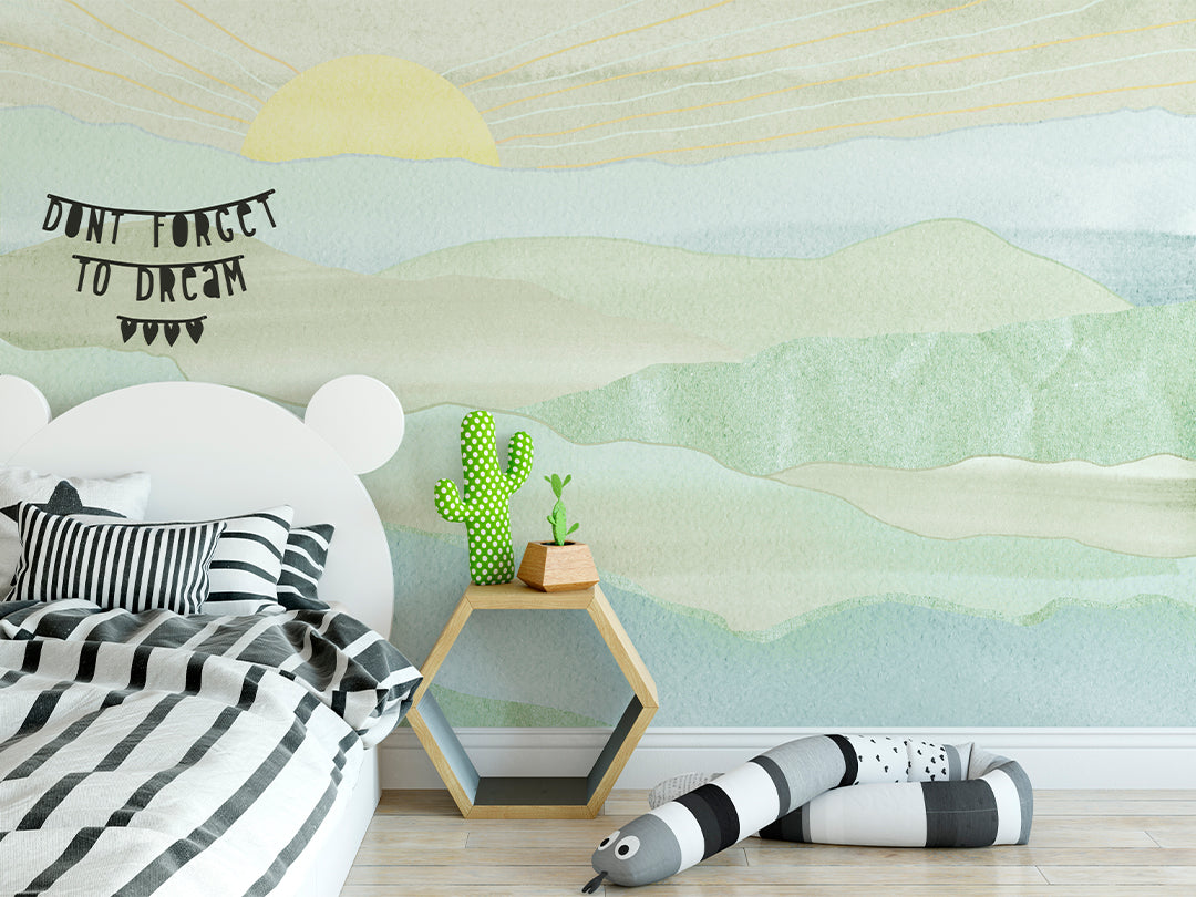 Stunning Green Blue Mountains & Sunset Wall Mural CCM116 - Nature Landscape Wallpaper for Living Room, Bedroom & Office Decor