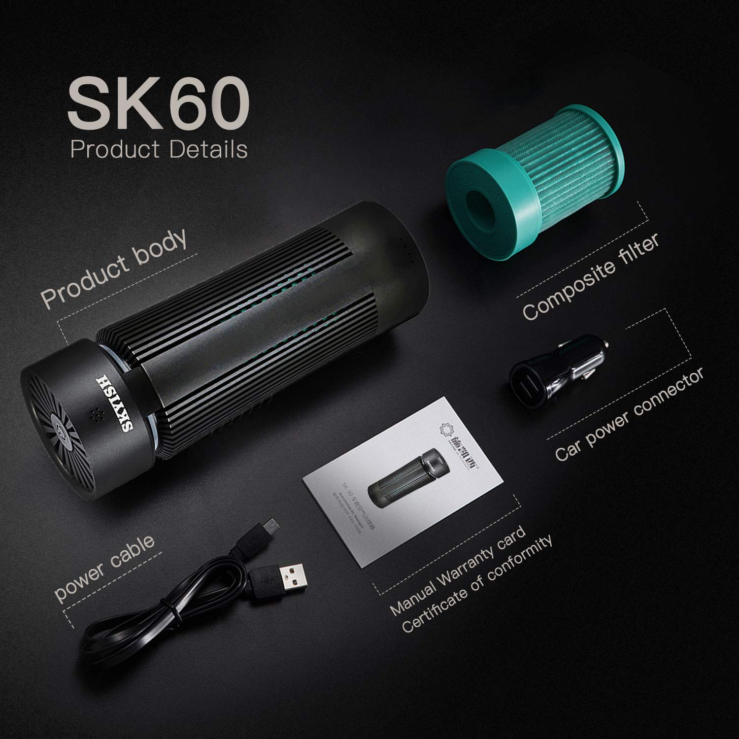 SK-60 True HEPA Air Purifier with Auto Mode & Air Quality Monitor - 3 Purification Modes, Ultra Quiet for Home, Office, Bedroom and Car Use