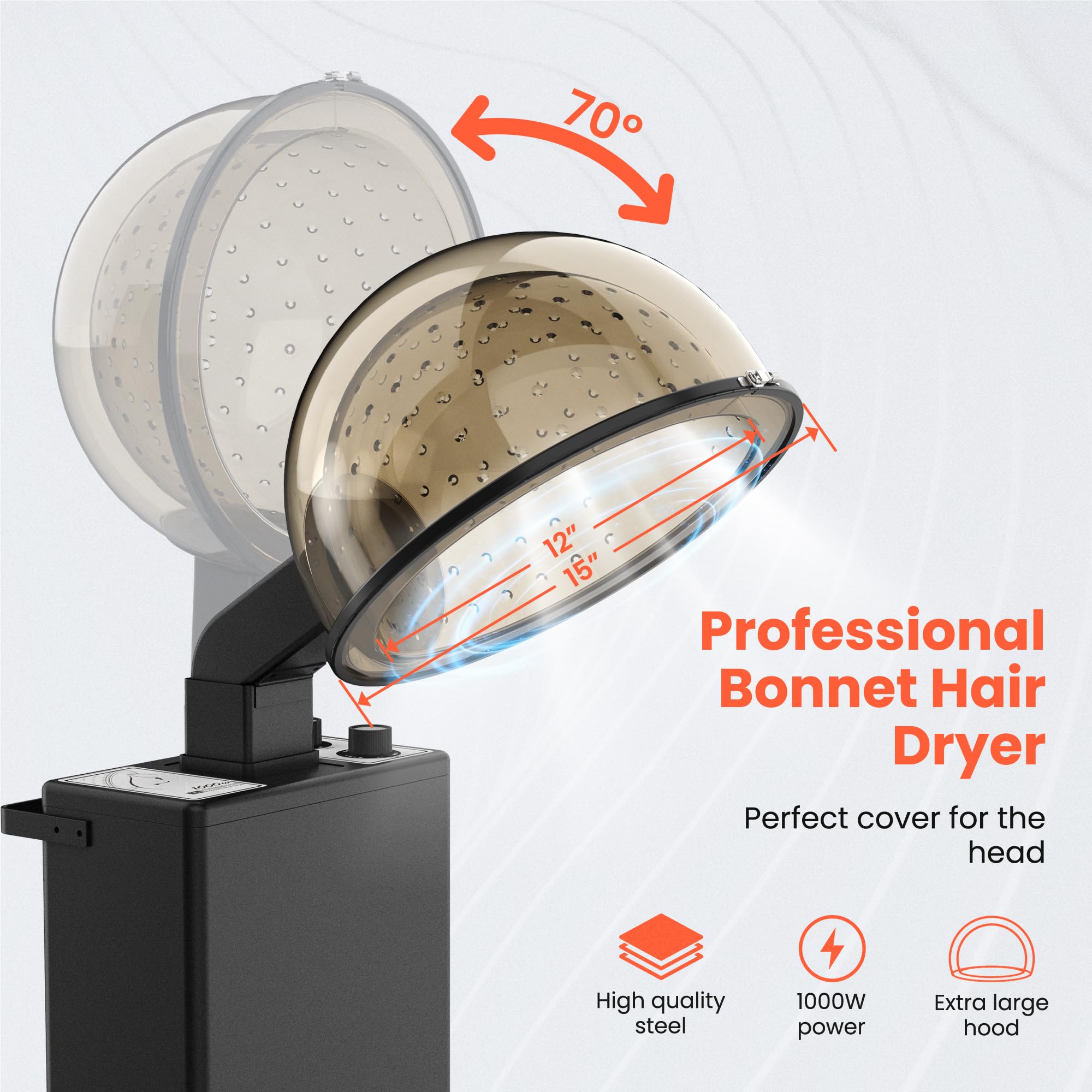 Professional 1000W Hooded Bonnet Hair Dryer with Detachable Wheels - Salon Hair Dryer Stand with 60-Min Timer & 4-Temp Settings - 15
