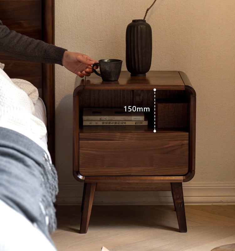 Premium Black Walnut & Ash Solid Wood Modern Nightstand - Stylish Bedside Table for Bedroom, Living Room, or Office