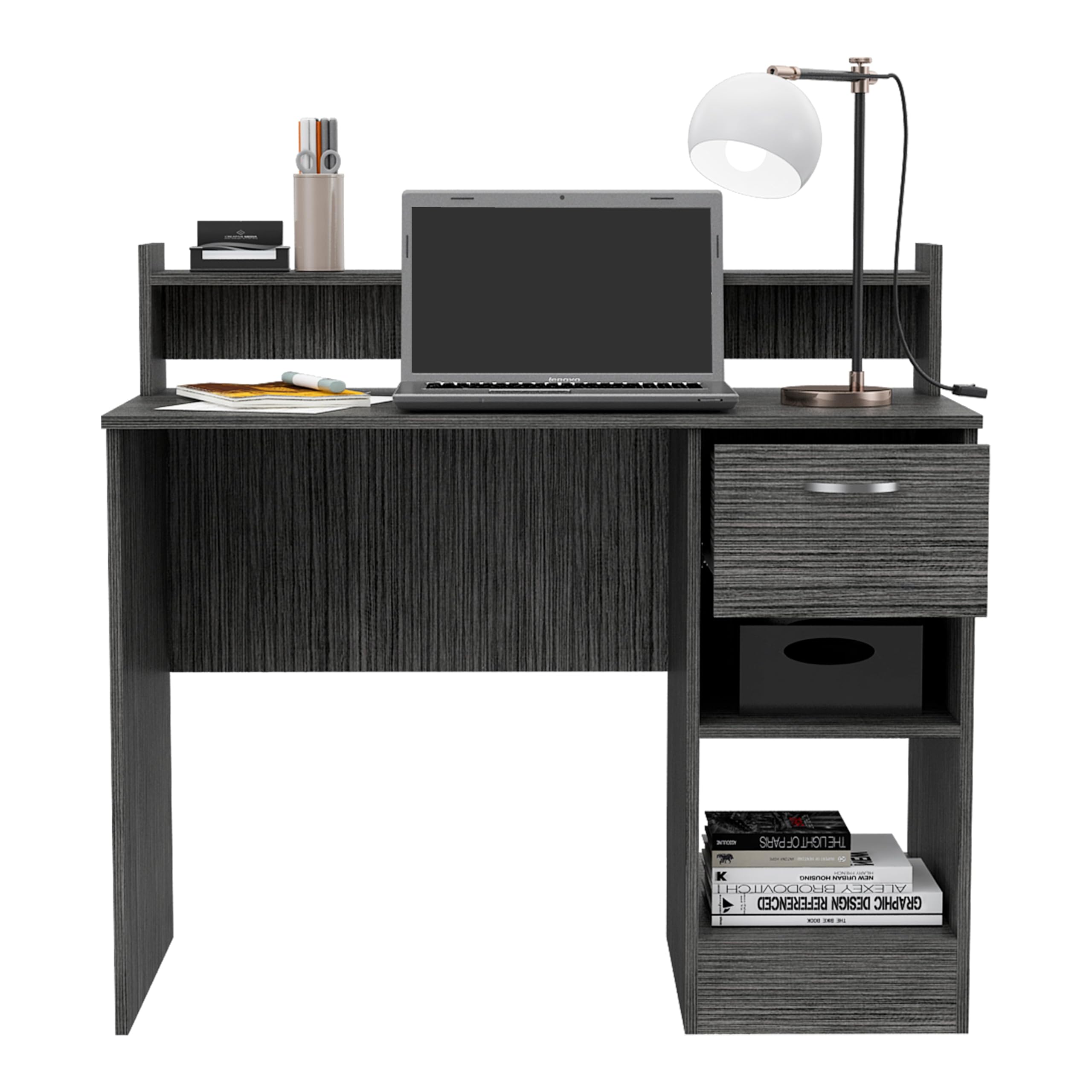 Tuhome Manaos 40-Inch Wide Writing Computer Desk with Multiple Shelves & Drawer - Smokey Oak Finish | Perfect for Home Office, Study Room & Small Workspace