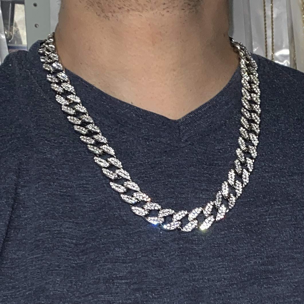 Men's Silver Tone Iced Cuban Link Hip Hop Chain Necklace - 24 Inch Length, 15MM Width - Perfect for Streetwear, Rap Performances & Urban Fashion Accessories