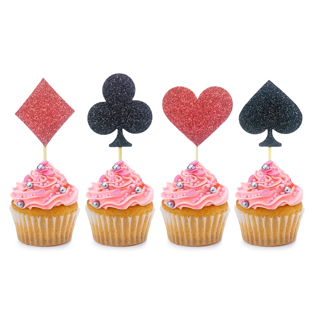 24 PCS Glitter Poker Chip Cupcake Toppers - Casino Night, Las Vegas Party, Birthday, Wedding & Baby Shower Cake Decorations - Perfect for Casino Theme Parties, Dessert Table Decor & Special Events