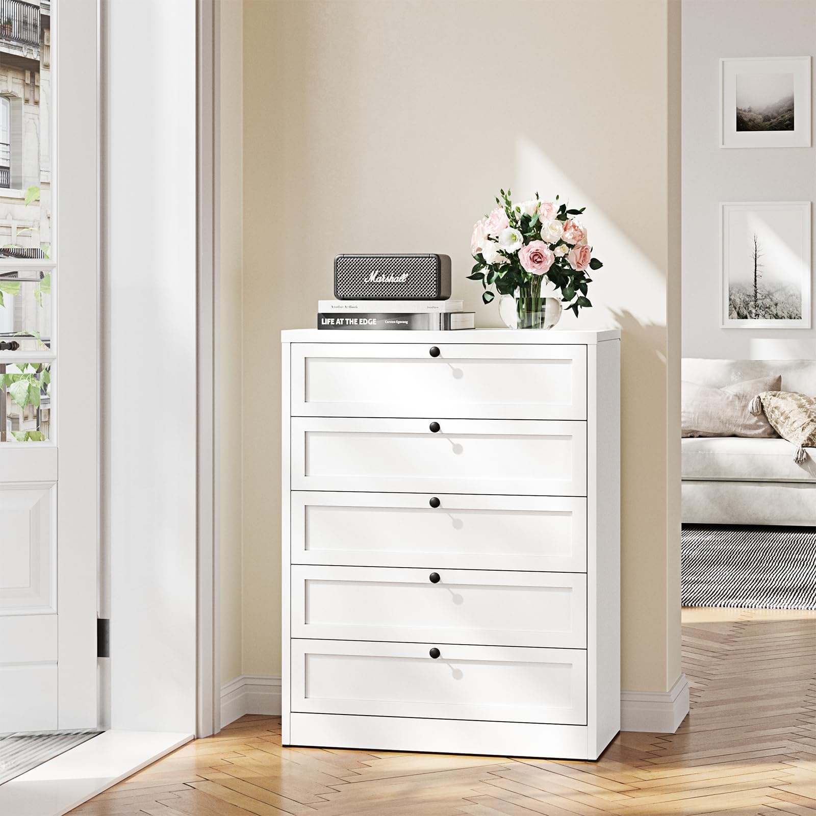 STANI 5-Drawer Dresser Storage Organizer - Tall White Metal Chest of Drawers with Wide Drawers (16