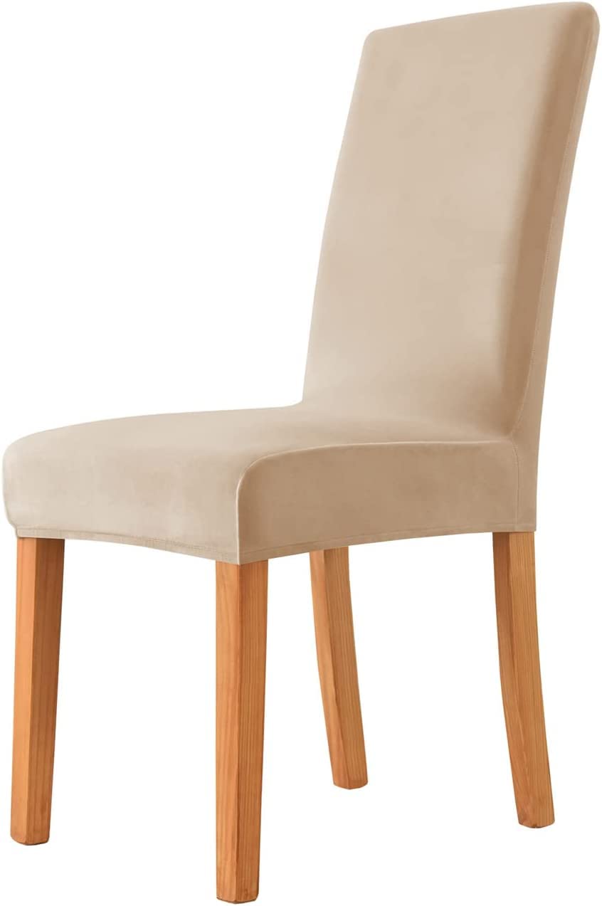 Stretch Velvet Dining Chair Covers - Soft Plush High Back Slipcovers, Removable & Washable Chair Protectors for Dining Room, Kitchen, Hotel & Wedding (Set of 4, Khaki) | Elegant Home Decor & Event Seating Solution