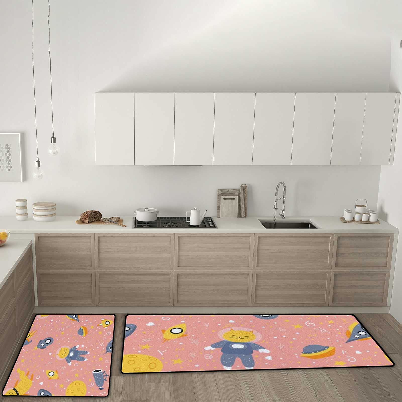 Premium Non-Slip Kitchen Rugs Set of 2 - Space Theme Cat & Stars Design, Anti-Fatigue Cushioned Foam Mats (17.7