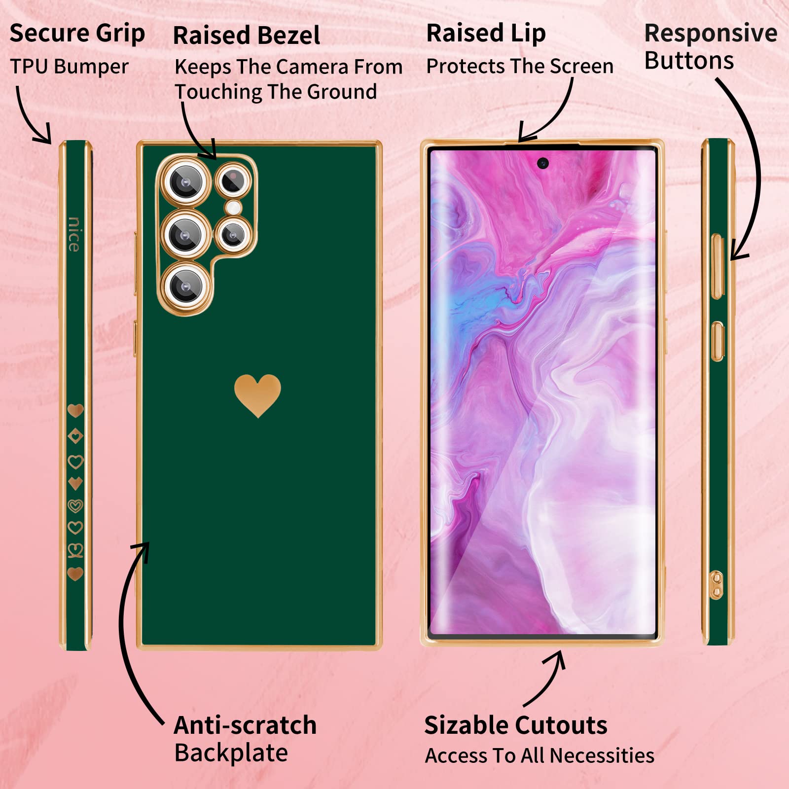 3-in-1 Heart Pattern Phone Case for Samsung Galaxy S22 Ultra - Cute Aesthetic Love Design with Screen Protector & Chain (Black/Gold/Green) - Perfect Gift for Women & Girls | Trendy Protective Cover for Daily Use, Work & Travel