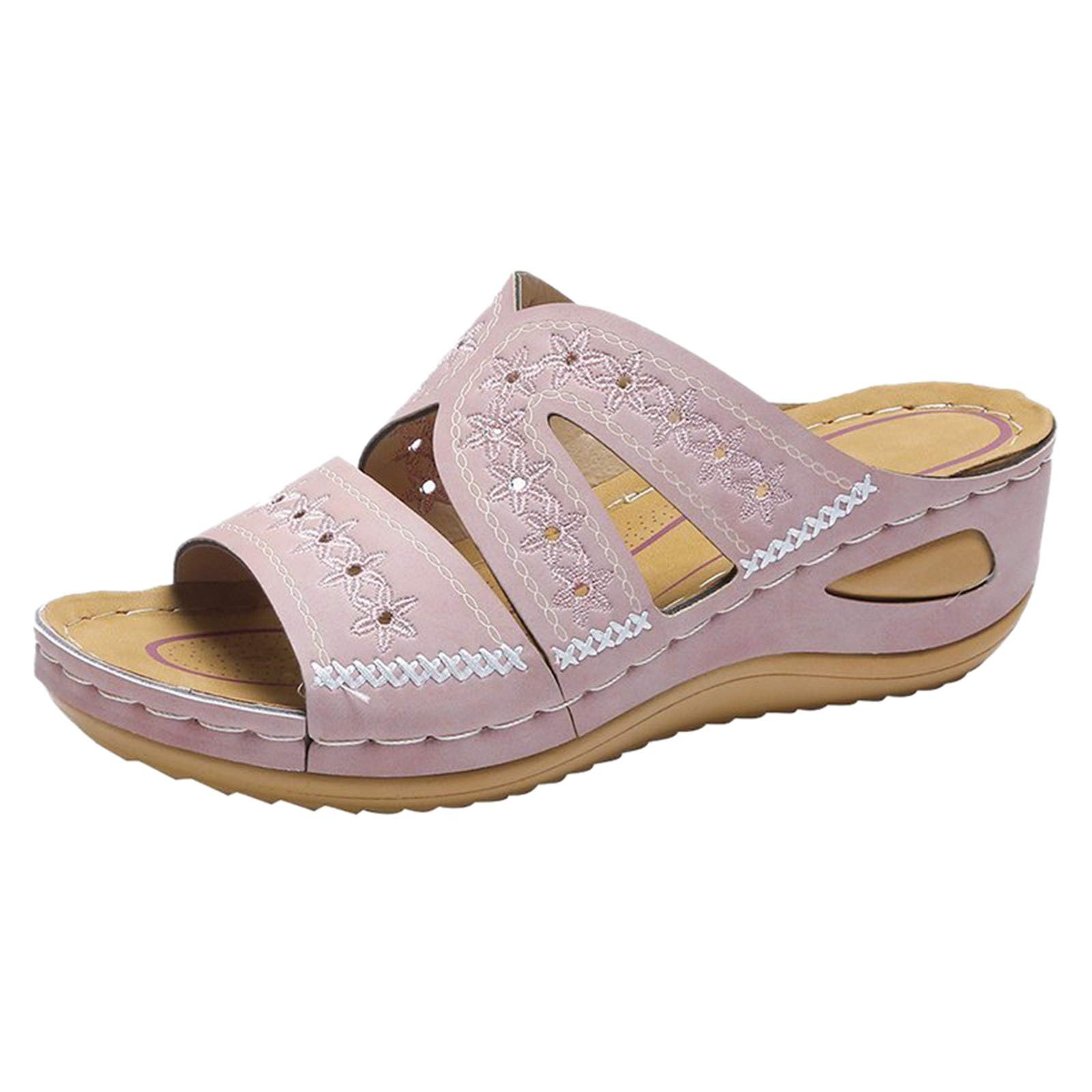 Women's Wide Width Wedge Sandals - Embroidered Fish Mouth Platform Slippers in Multicolor | Comfortable Summer Beach Walking Shoes for Women