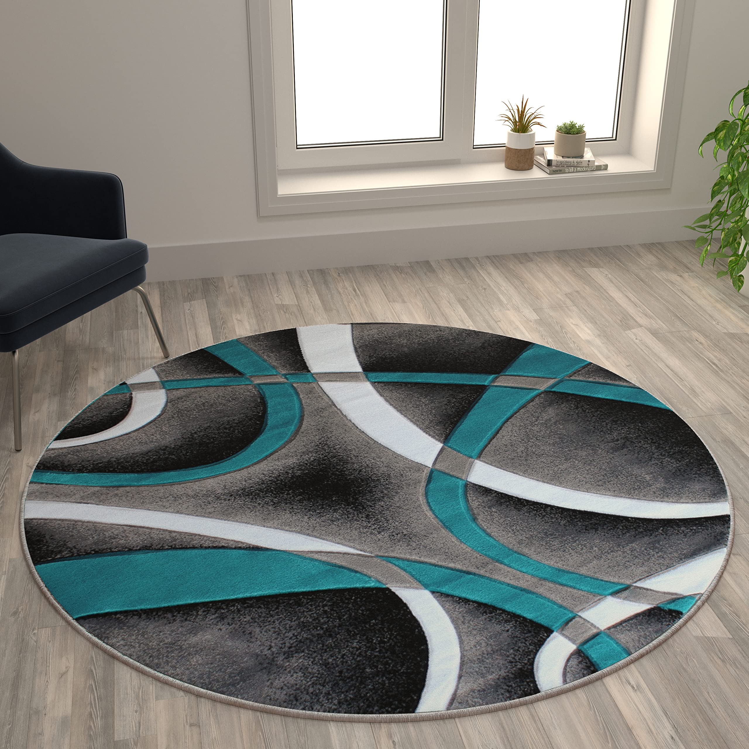 Flash Furniture Atlan Collection Abstract High Pile Turquoise Olefin Area Rug - 5' Round Non-Slip Jute Backing - Perfect for Hallway, Entryway, Bedroom & Living Room Decor