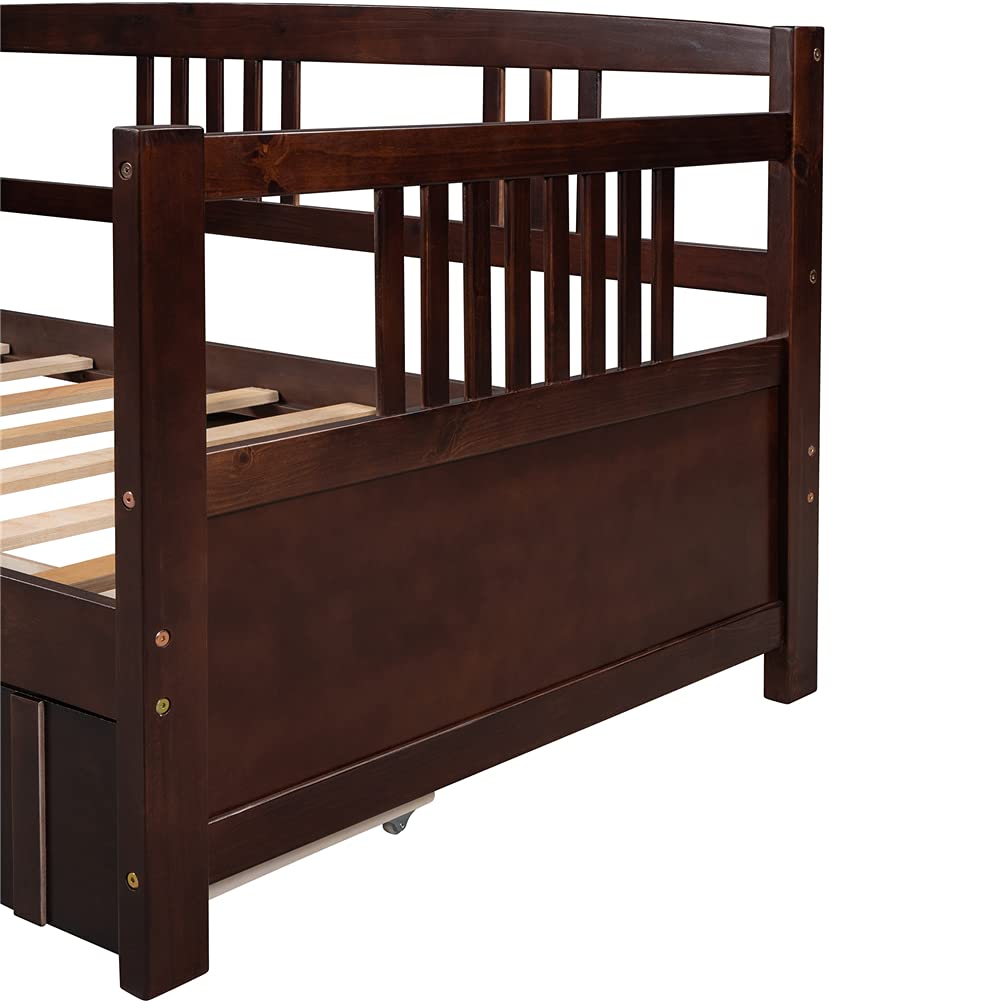 **Kids Daybed Sofa Bed with Pull-Out Storage Drawers & Wheels - Twin Size Pinewood Frame with Guardrails & Wood Slats (Espresso) - Perfect for Small Spaces, Guest Rooms & Kids' Bedrooms**