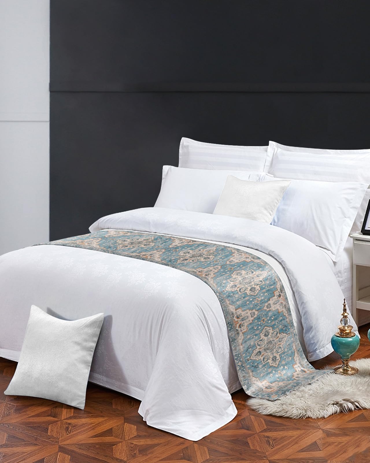 Blue Boho Bed Runner for Queen Size Bed - 83 x 20 Inch Luxury Bed Scarf Throw with Mid-Century Abstract Geometric Design - Perfect for Home Decor, Hotel Bedding & Western Style Bedroom Accent