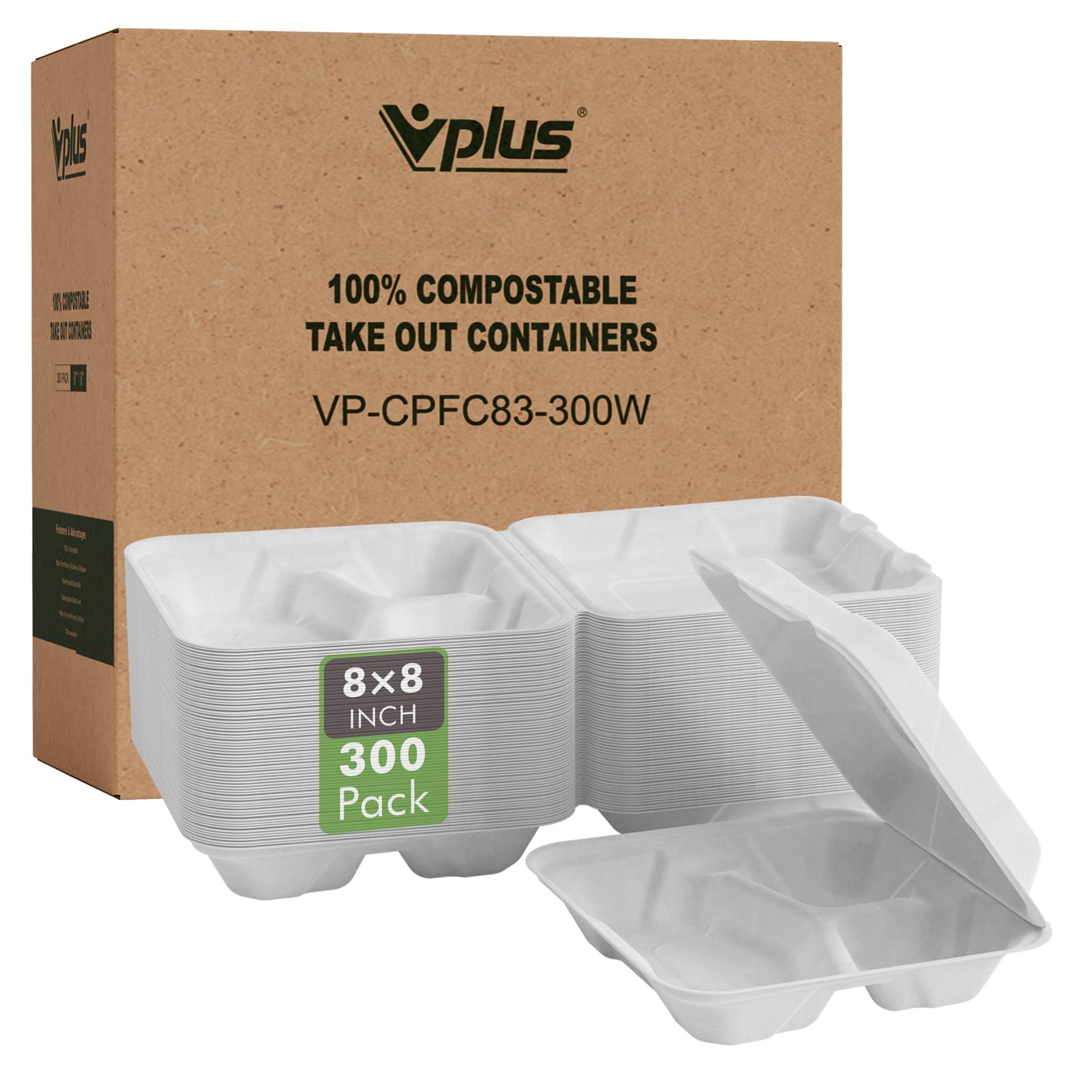 Vplus 300 Pack 100% Compostable 8x8 Inch 3-Compartment Clamshell Takeout Food Containers | Eco-Friendly Disposable Bagasse To-Go Boxes for Restaurant, Catering, Meal Prep & Leftovers | Perfect for Next Day Lunch, Potluck Parties & Picnics