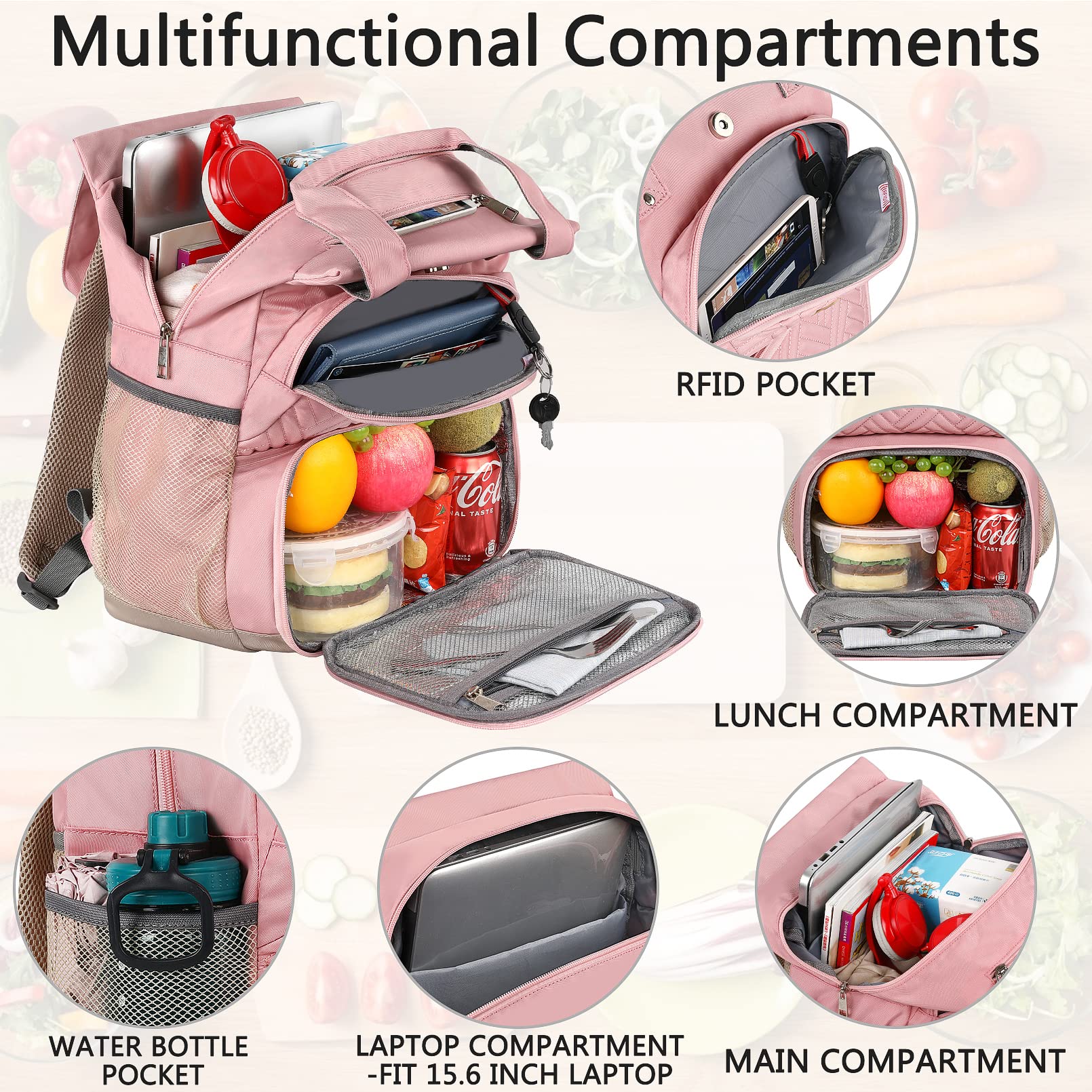 Insulated Cooler Backpack for Women - Waterproof Lunch Bag with RFID Pocket & USB Charging Port, Fits 15.6 Inch Laptop - Perfect for Nurses, College Students, Work Commute & Travel (Pink)