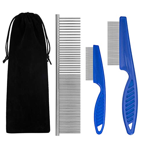 BENSEAO Flea Comb for Cats & Dogs - Metal Teeth Lice Comb for Pets - Durable Tear Stain Remover & Detangling Comb - 3 Piece Pet Grooming Set with Storage Pouch (Blue) - Perfect for Removing Fleas, Tangles & Dandruff at Home or Professional Grooming
