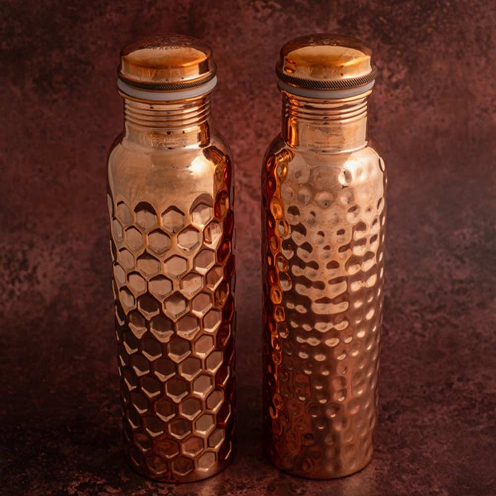 Premium 950mL Copper Water Bottle with Diamond Hammered Finish - Eco-Friendly Reusable Water Container for Yoga, Gym & Outdoor Activities