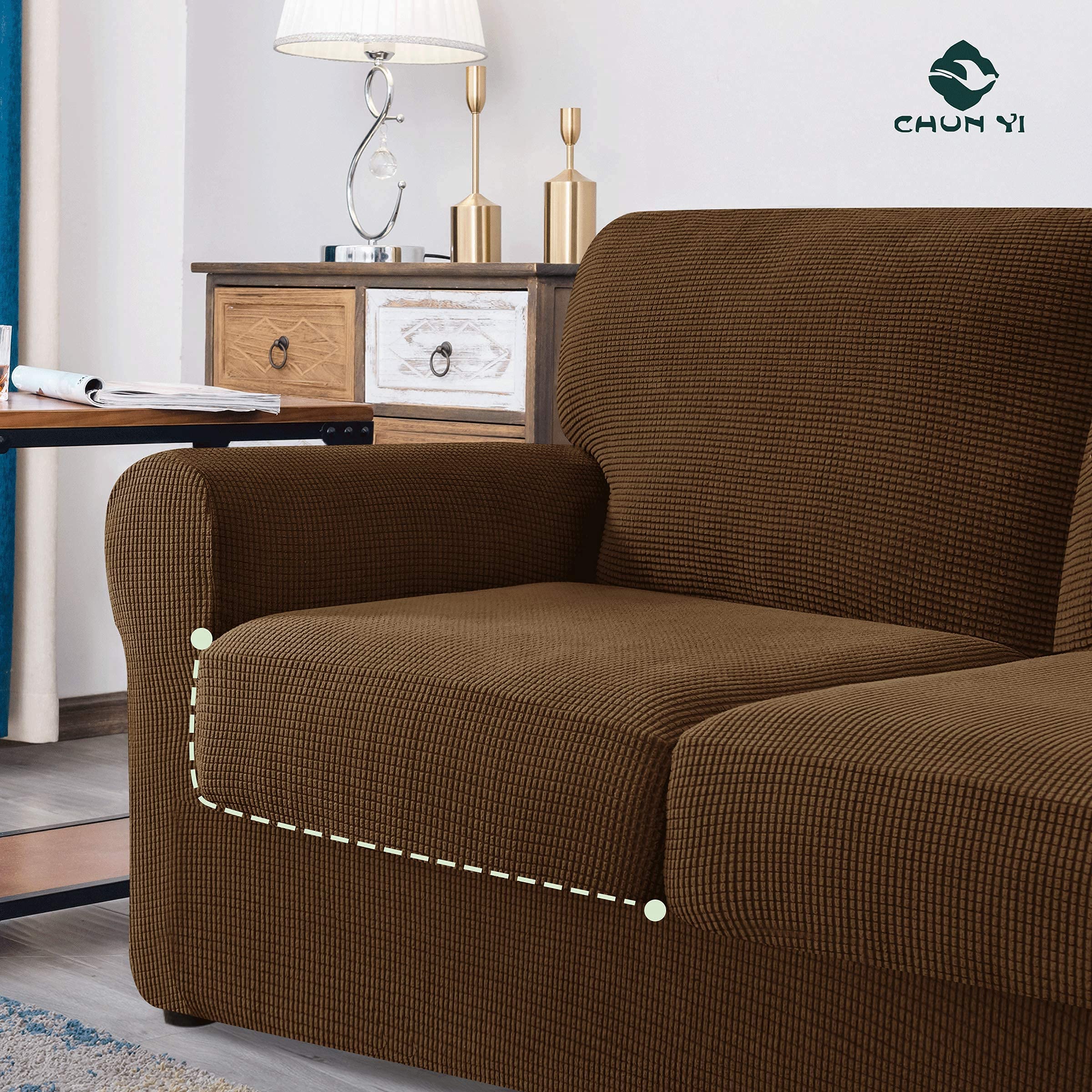 CHUN YI 2-Piece Armchair Sofa Slipcover Set - Stretchable Jacquard Fabric with Separate Backrest & Cushion Covers (Coffee Check Pattern) - Perfect for Living Room Furniture Protection & Style Upgrade
