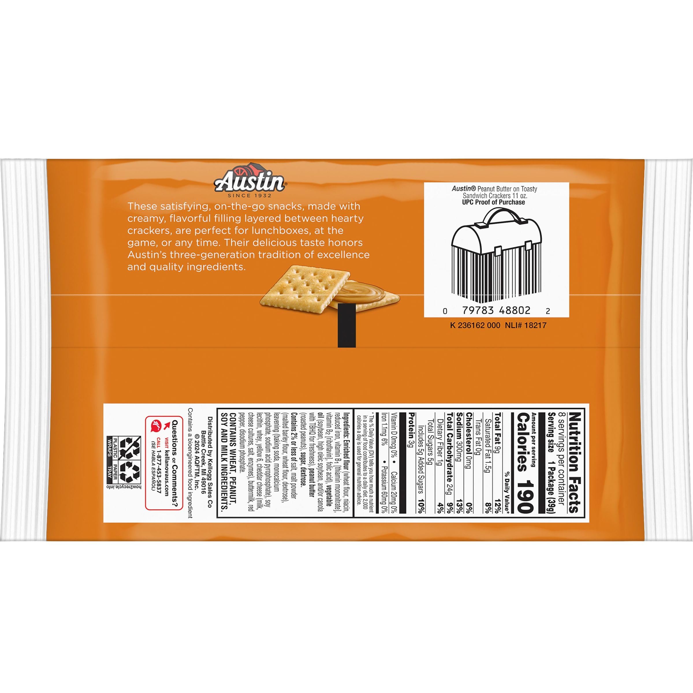 Austin Sandwich Crackers - Peanut Butter Filled Snack Crackers, 11oz Tray (8 Packs) | Single Serve Office Snacks & Kids Lunch Box Treats | Perfect for School, Work & On-the-Go Snacking