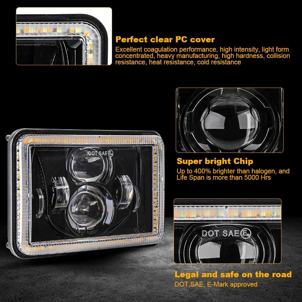 2-Pack 4x6 Sealed Beam LED Headlight Kit - Hi/Lo Beam with DRL & Amber Turn Signal Lights - Perfect for Jeep Wrangler, Ford Bronco, Off-Road Trucks & SUVs