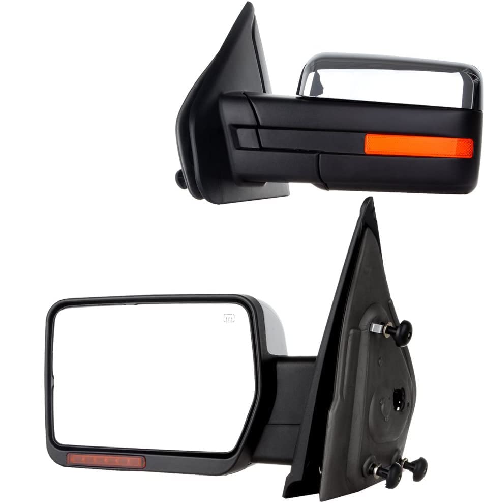 CCiyu Chrome Power-Adjusted Heated Towing Mirrors with Turn Signal & Puddle Light - Compatible with 2004-2014 Ford F150 Pickup (LH Left & RH Right) - Enhanced Visibility & Safety for Towing, Night Driving & Off-Road Adventures